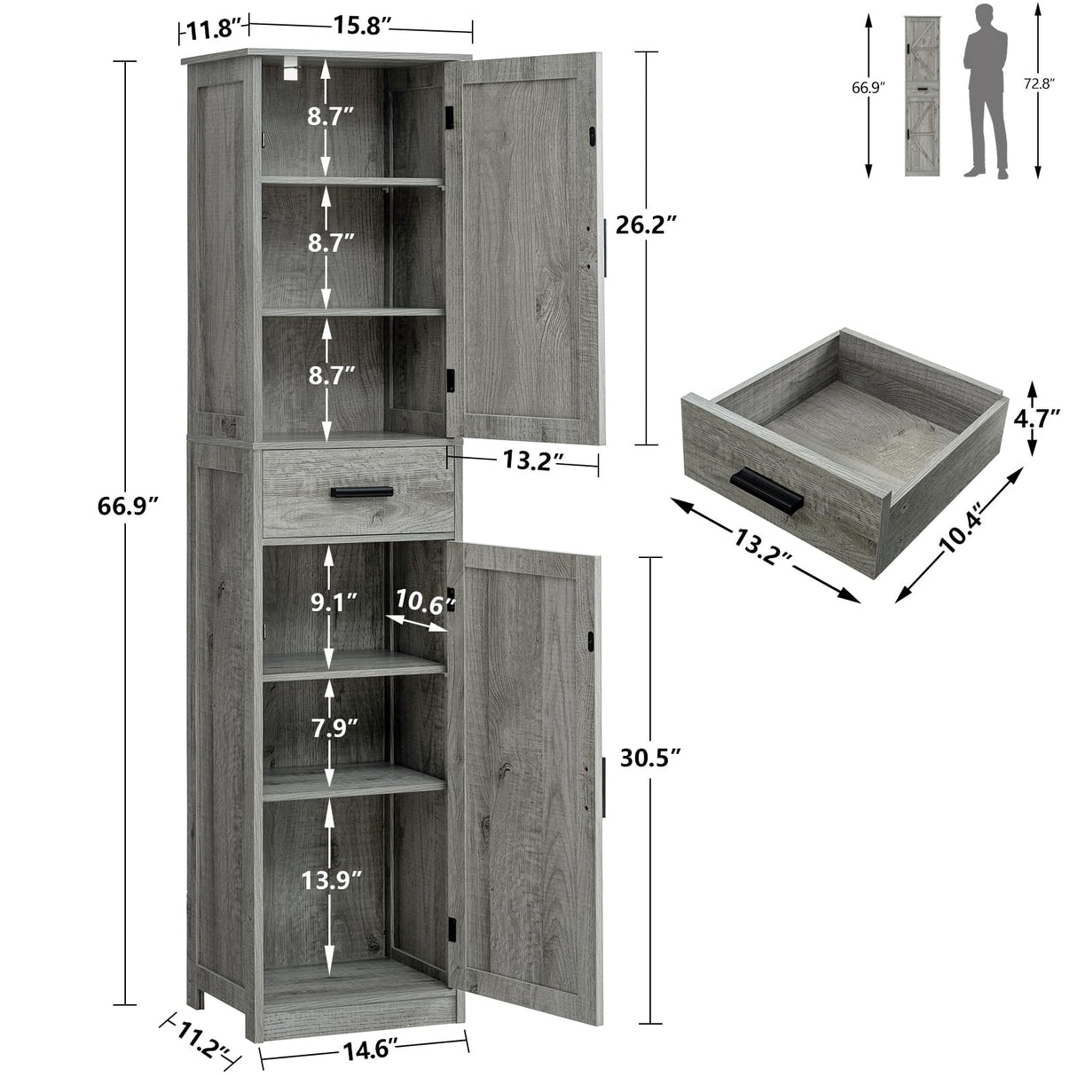 Tall Grey Bathroom Cabinet with 6 Shelves, 2 Doors & Drawer for Narrow Spaces WEENFON