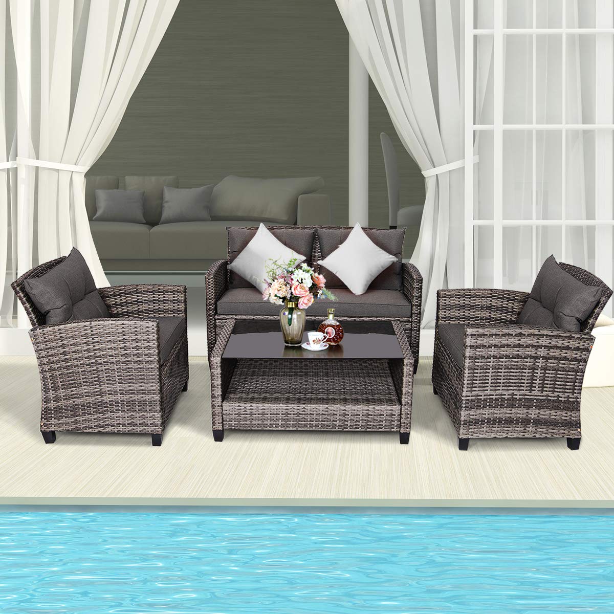 Tangkula 4 PCS Patio Wicker Conversation Furniture Set, Outdoor Rattan Sofa Set with Padded Cushion & Tempered Glass Coffee Table, Wicker Sectional Sofas & Table for Courtyard Balcony Garden (1, Grey) Tangkula