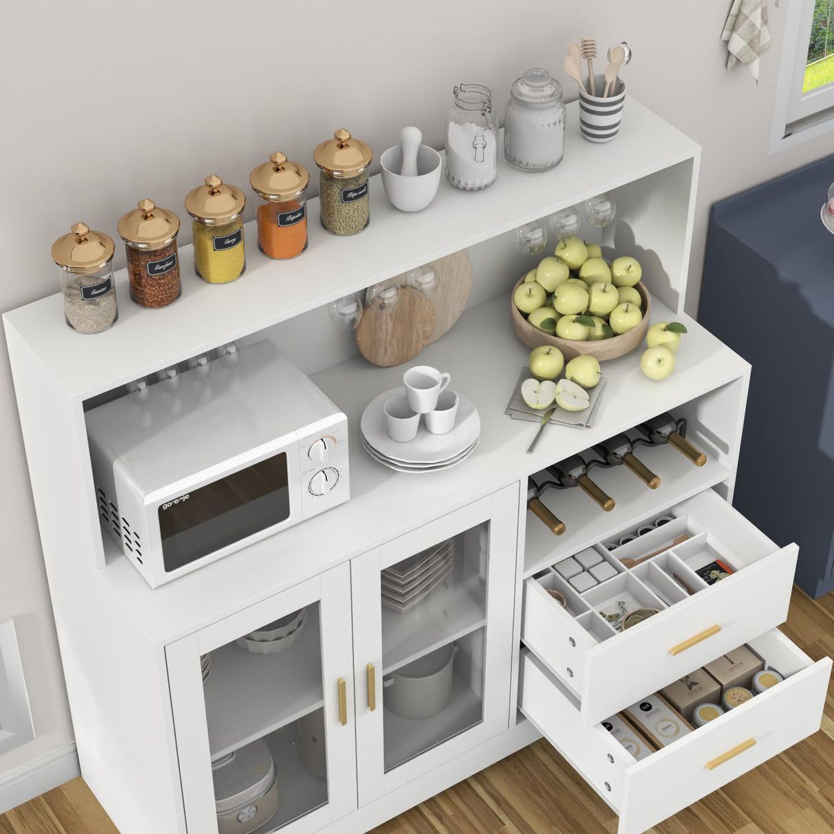 Auromie Wine Bar Cabinet with LED Light, Home Coffee Cabinet with Wine and Glass Rack, Kitchen Buffet Sideboard with Storage Cabinet&Drawers, Modern Liquor Cabinet for Living Room Dining Room (White) Auromie