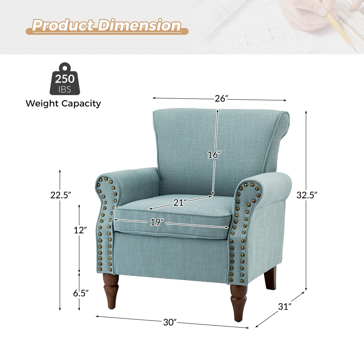 HULALA HOME Accent Chair with Wood Legs & Removable Cushion, Modern Wingback Armchair with Nailhead Trim, Comfy Upholstered Lounge Chair, Single Sofa Chairs for Living Room Bedroom, Blue HULALA HOME