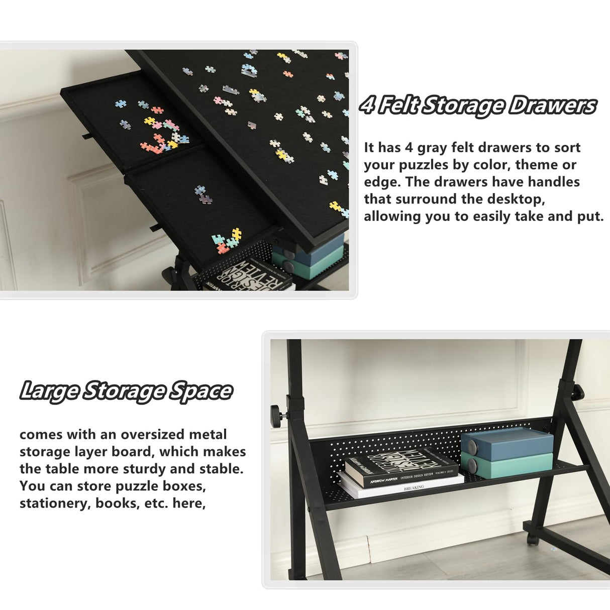 Roockky Height Adjustable Puzzle Tables for Adults with Drawers, 1500 Pieces Jigsaw Puzzle Table with Legs and Wheels, 0-75° Tilting Tabletop, Protective Cover and Storage Shelf, Black Roockky