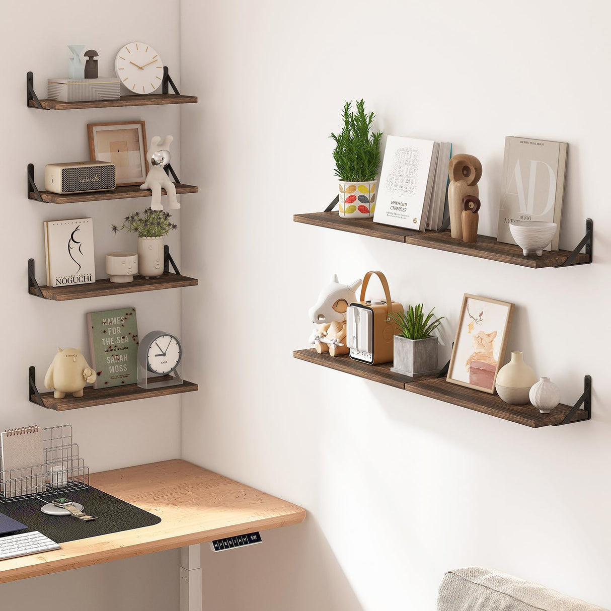 Fixwal Floating Shelves, Width 4.7in Rustic Wood Wall Shelves Set of 8, Wall Storage Shelves for Bedroom, Living Room, Kitchen, Bathroom, Office and Plants (Dark Carbonized Black) Fixwal