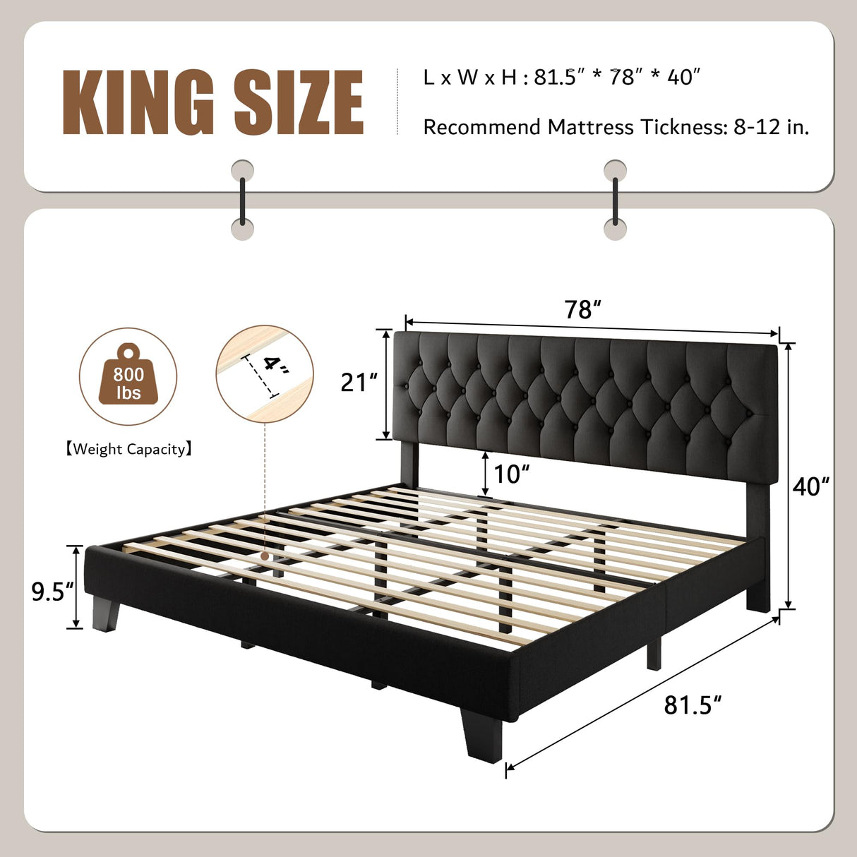 iPormis Upholstered King Size Bed Frame with Button Tufted Headboard, Linen Platform Bed with Thickened Support Legs, Noise-Free/No Box Spring Needed/Easy Assembly, Black iPormis