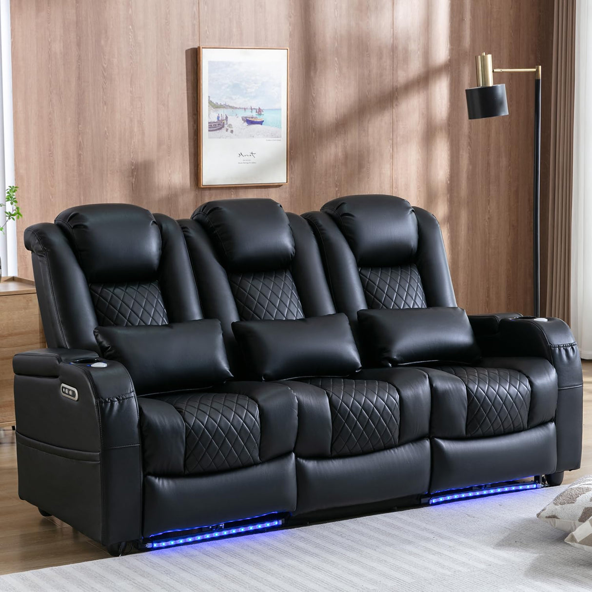 Sofa Recliner Home Theater Seating Seats, Movie Theater Chairs Theater Recliner with 7 Colors Ambient Lighting, Touch Reading Lights, Lumbar Pillow, Tray Table, Center Drop Down Console, Black Akeysous