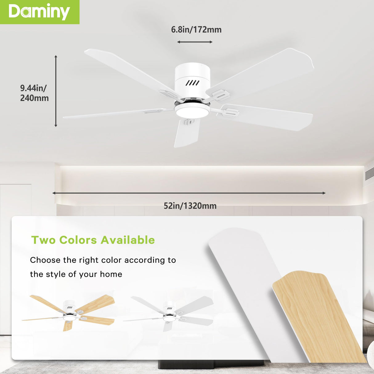 DAMINY 52 inch 5 Blades White Ceiling Fans with Lights,Flush Mount,6CCT, Low Profile Ceiling Fan with Light and Remote Control,DC Motor,Ceiling Fan for Bedroom, Kitchen,Living Room,Indoor/Outdoor Use DAMINY