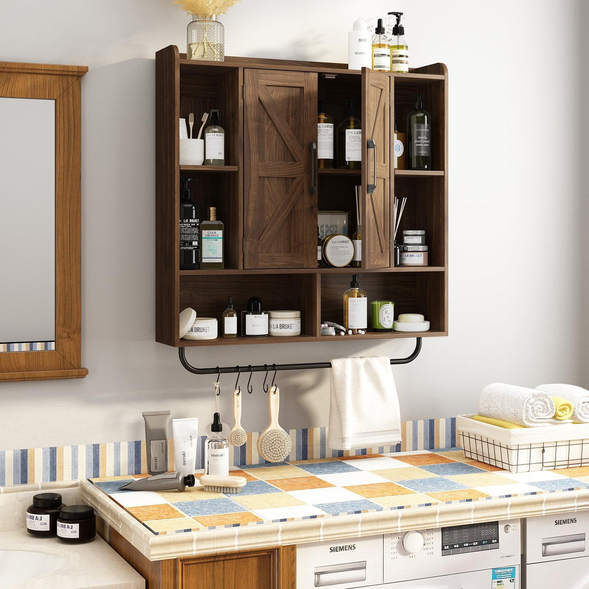 RUSTOWN Rustic Wood Wall Bathroom Cabinet, Farmhouse Medicine Cabinet Wall Mounted, Space Saving Wall Storage Cabinet with 2 Barn Door, 3-Tier Adjustable Shelves and Towel Bar(Dark Walnut) RUSTOWN