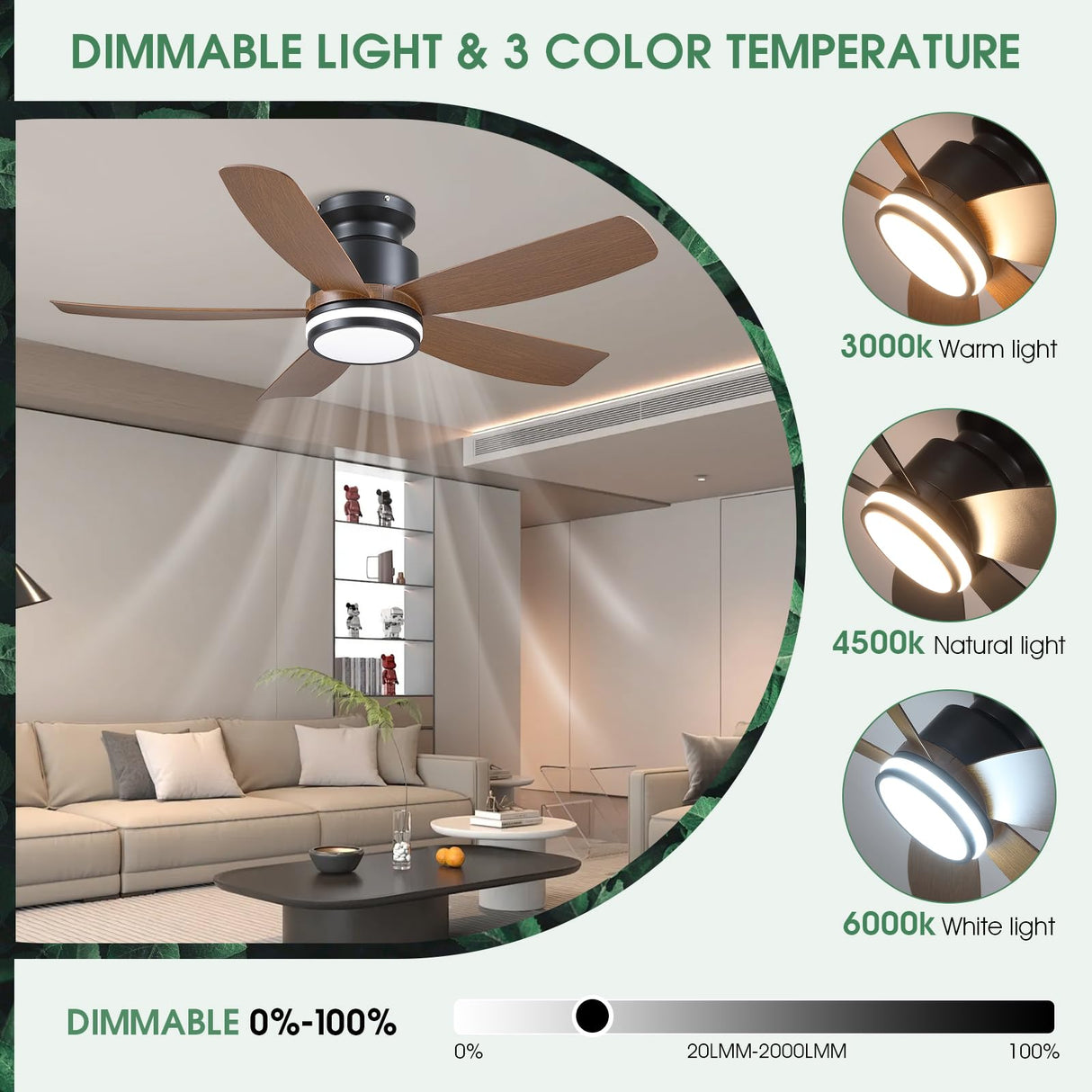 Ceiling Fans with Lights and Remote/APP Control, 41 inch Low Profile Flush Mount Ceiling Fan with Lights, LED Dimmable 5 Reversible Curved Blades 3 CCT 6 Speeds for Bedroom Living Room, Wood Wiviniya