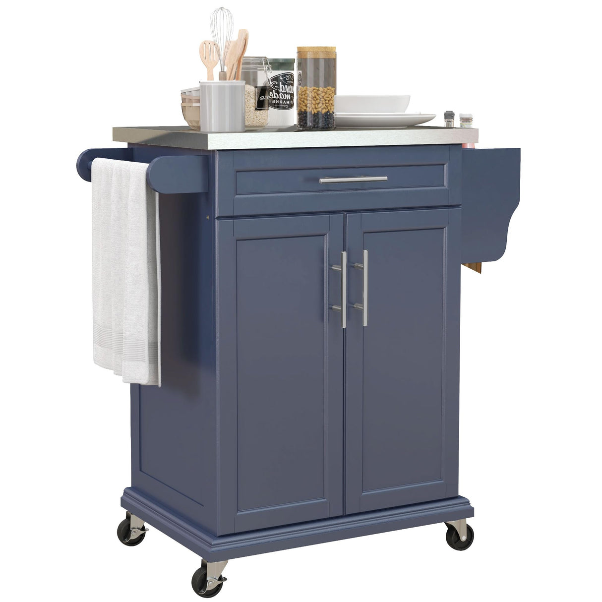 HOMCOM Kitchen Island on Wheels, Rolling Kitchen Cart with Stainless Steel Countertop, Drawer, Towel Rack and Spice Rack, Utility Storage Trolley, Deep Blue HOMCOM