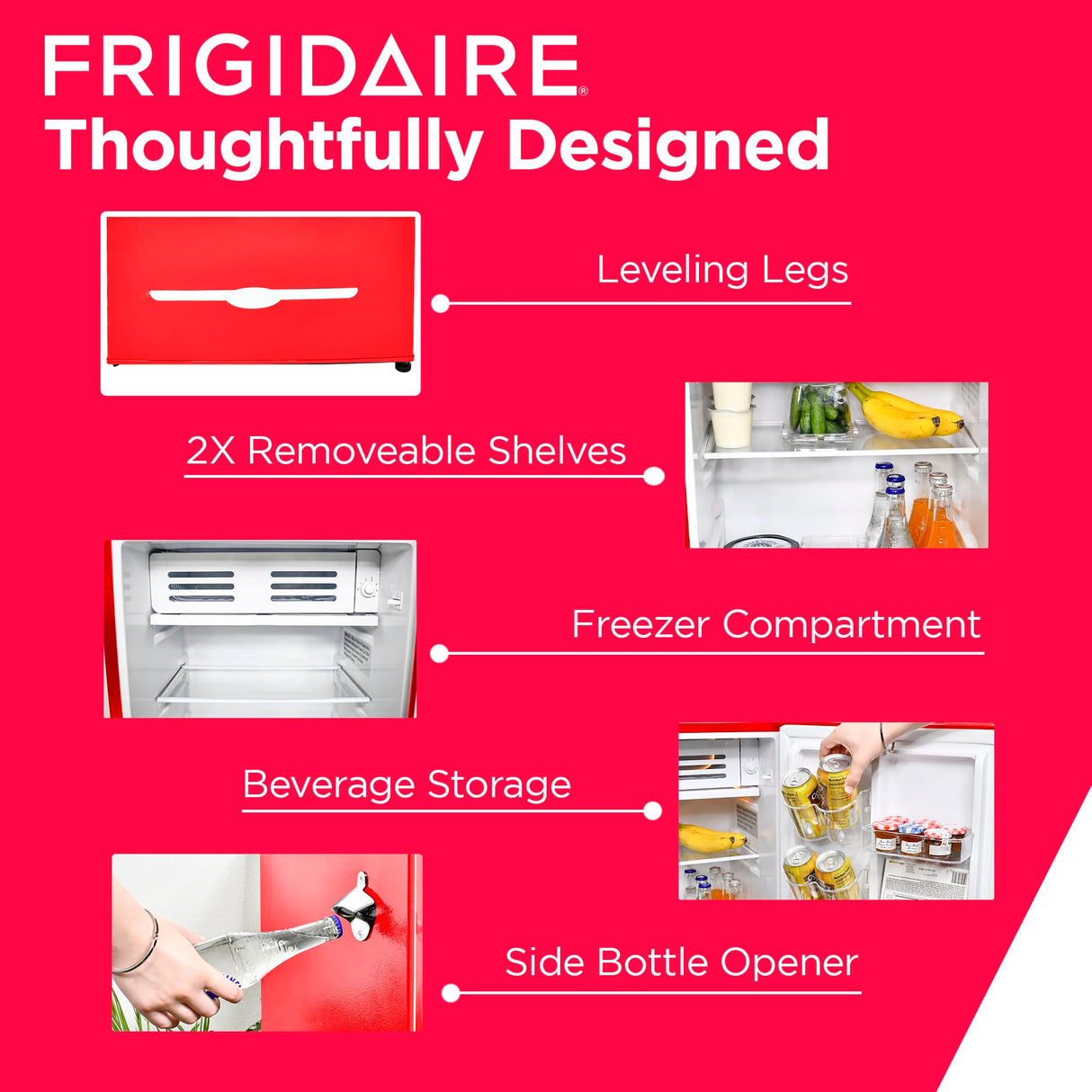Frigidaire Retro Compact Fridge with Chiller, 3.2 cu ft Countertop Fridge with Built-In Bottle Opener, Compact Refrigerator for Office, Bedroom, Dorm Room or Cabin - 16.5"D x 19"W x 31"H (Red) Frigidaire
