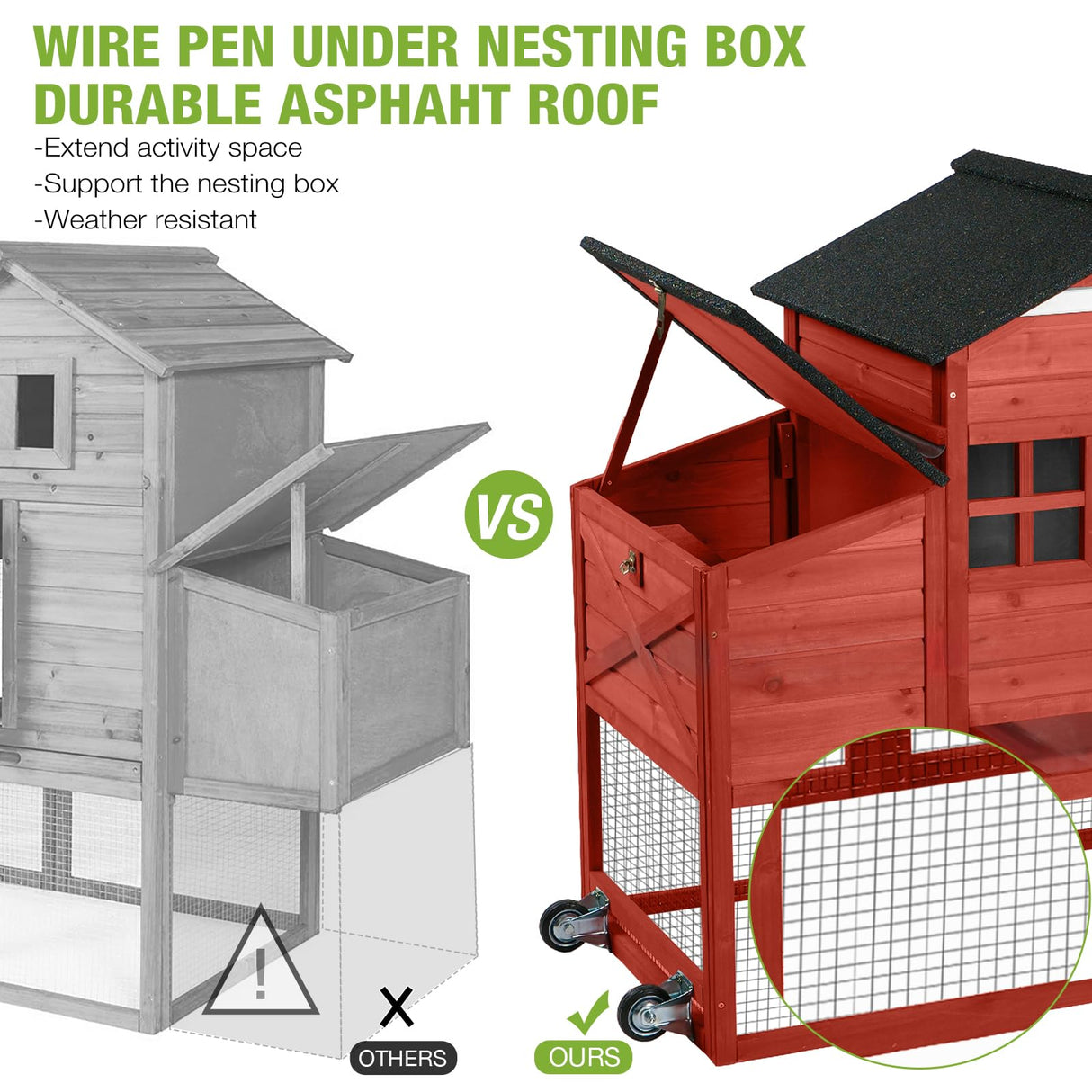 GUTINNEEN Chicken Coop Mobile Hen House with Nesting Box Outdoor Rabbit Hutch Poultry Cage 73.4" with Wheel for 2-4 Chickens, Red GUTINNEEN