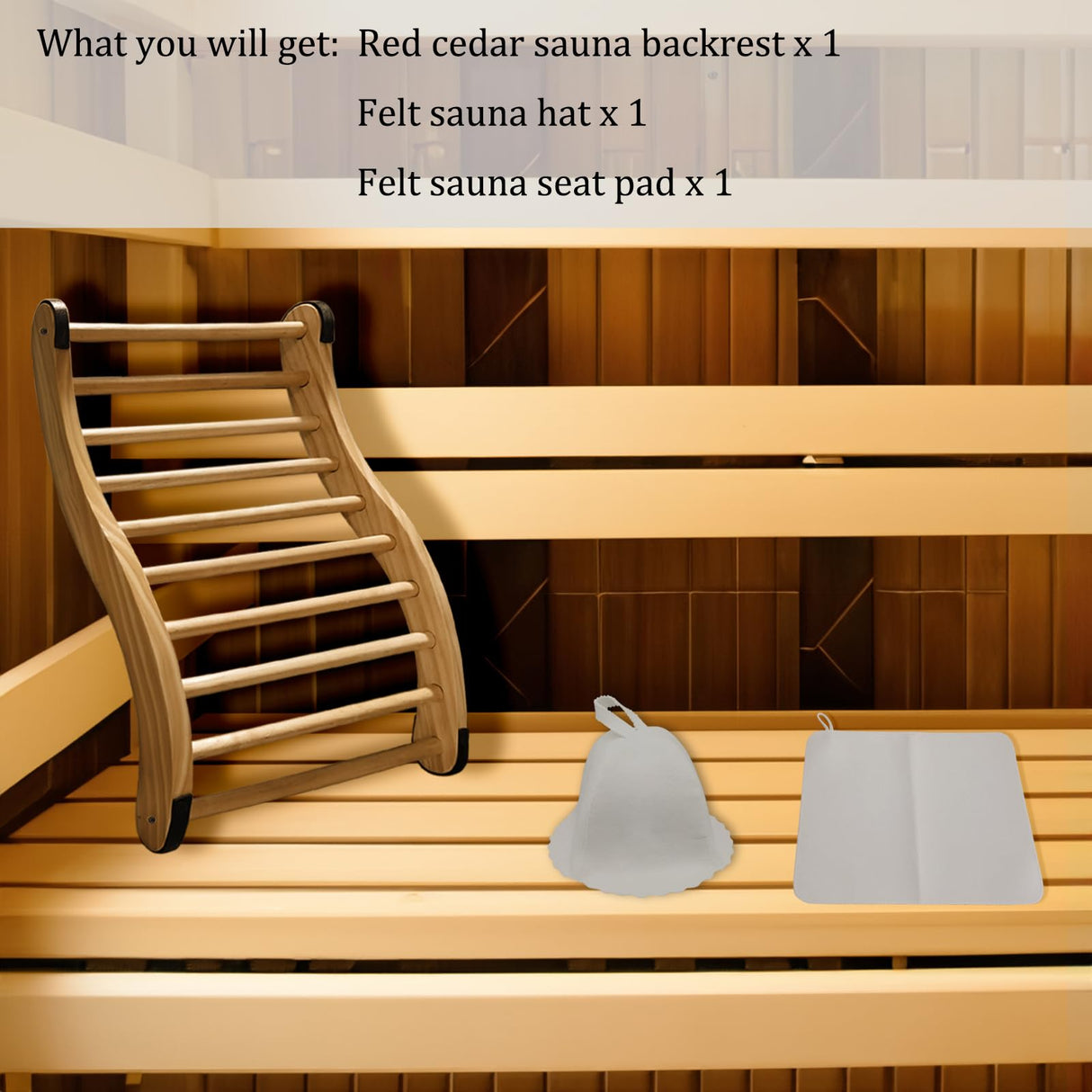 NUIBY Non-Toxic Cedar Sauna Backrest for Barrel or Infrared Sauna, with Felt Sauna Hat and Seat Pad, Anti-Slip Sauna Accessory (1 Pack) NUIBY
