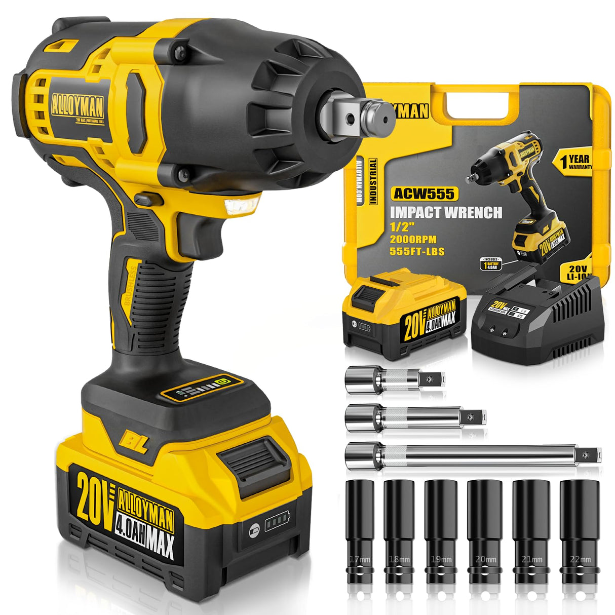 Alloyman 1/2 inch Impact Wrench Cordless, Max Torque 555 Ft-lbs Battery Impact Wrench 20V Brushless Motor 2000 RPM, with 6 Sockets, 3 Extension Bars, 4.0 AH Li-ion Battery and 1 Hour Fast Charge Alloyman
