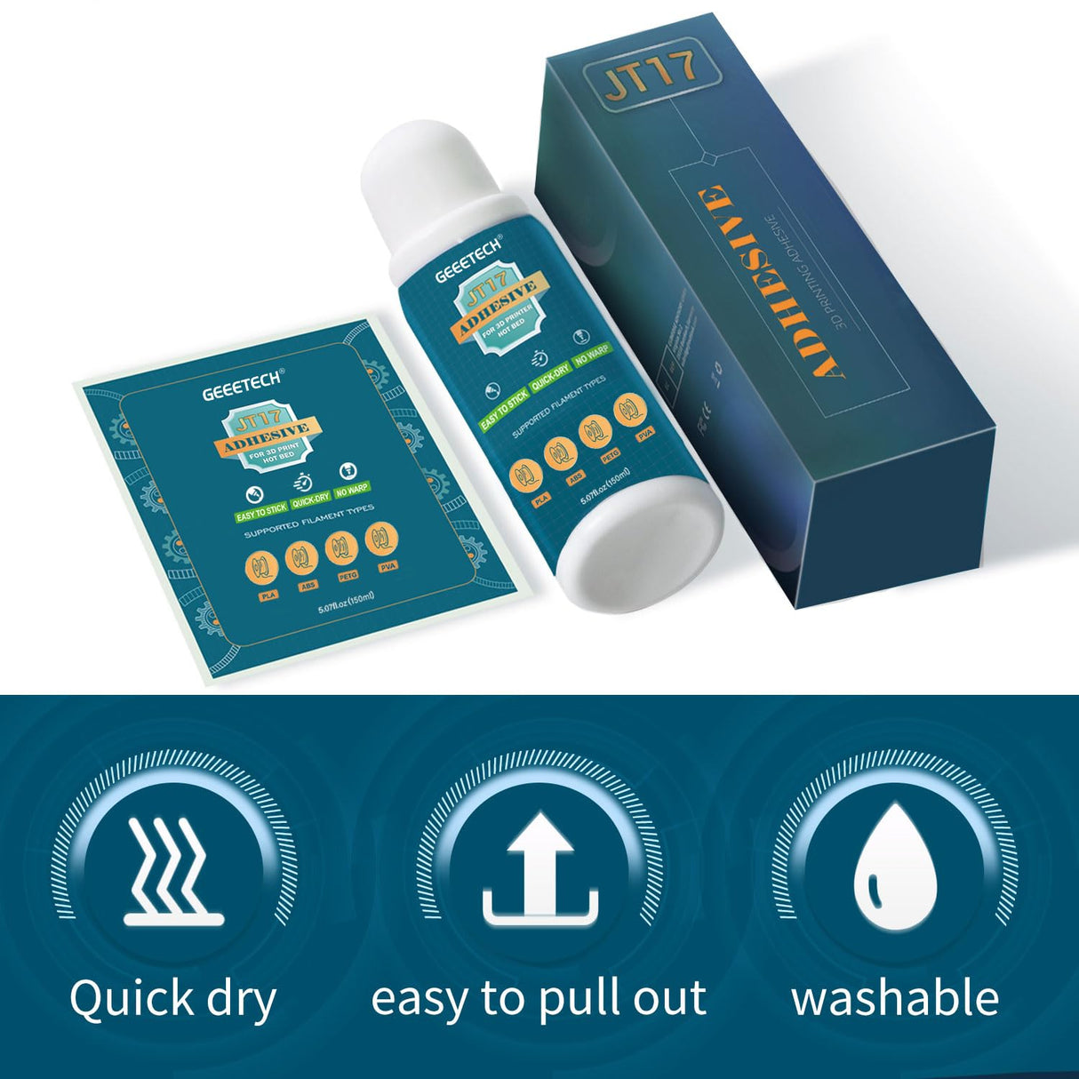 GEEETECH 150ml 3D Printer Adhesive Glue Bed Weld Original, Strong Grip Reduces Warping for ABS, PLA, PLA+, PETG and TPU Filament on Multiple Surfaces Compatible Glass, Flex Plate, PEI Sheet, 5 fl oz Geeetech