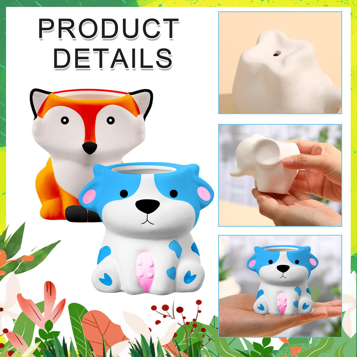 Hushee 12 Sets DIY Ceramic Succulent Pots Ready to Paint Animal Planters Unpainted Plant Flower Pots Bulk with Drainage Hole and Bisque Paint for Kids Adults Craft Christmas Hushee