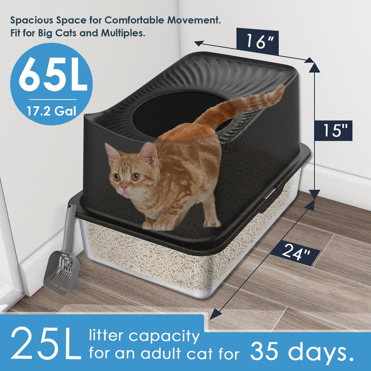 JOISTOON Top Entry Cat Litter Box with Lid, Stainless Steel Extra Large Enclosed Cat Kitty Litter Pan Easy Cleaning, Never Absorbs Odor, Stains, or Rusts, XL Metal High Litter Pan Tray, Black JOISTOON