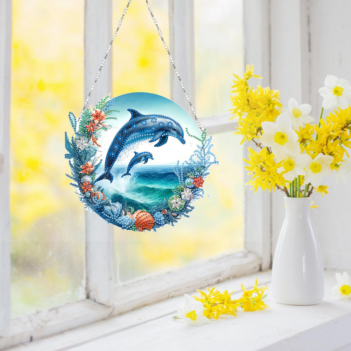 BAYUNOE DIY Hanging Dolphin Pendant Double-Sided Pattern Single Sided Diamond Art Painting Ornament Special Shaped Diamond Hang for Window Home Garden Wall Door Decor BAYUNOE