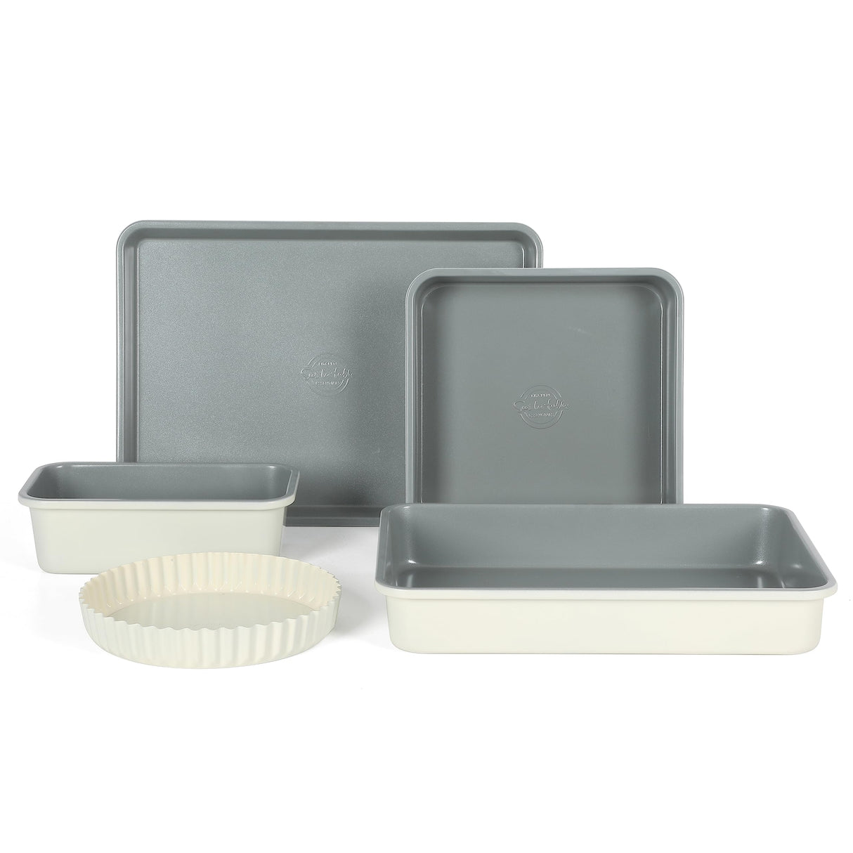 Sur La Table Kitchen Essential Carbon Steel Baking Pans Bakeware Set W/Premium PFOA, PFAS, PTFE Free Grey Non stick - Linen White Exterior Sur La Table