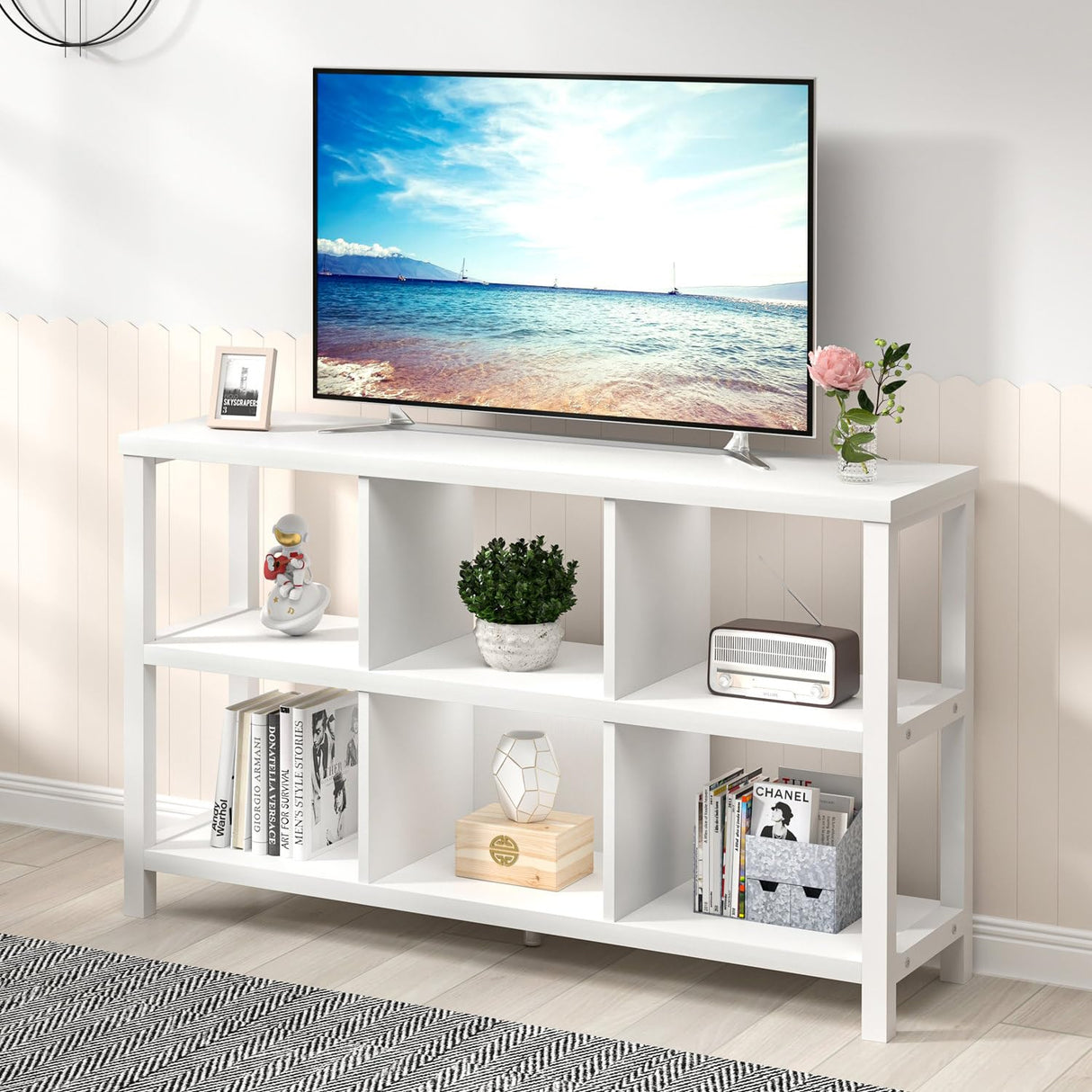 FOLUBAN Horizontal Bookshelf, 6 Cube Storage Organizer with Shelf, Modern Wood and Metal Cubby Bookcase for Bedroom Living Room, White Oak, 47 Inch FOLUBAN