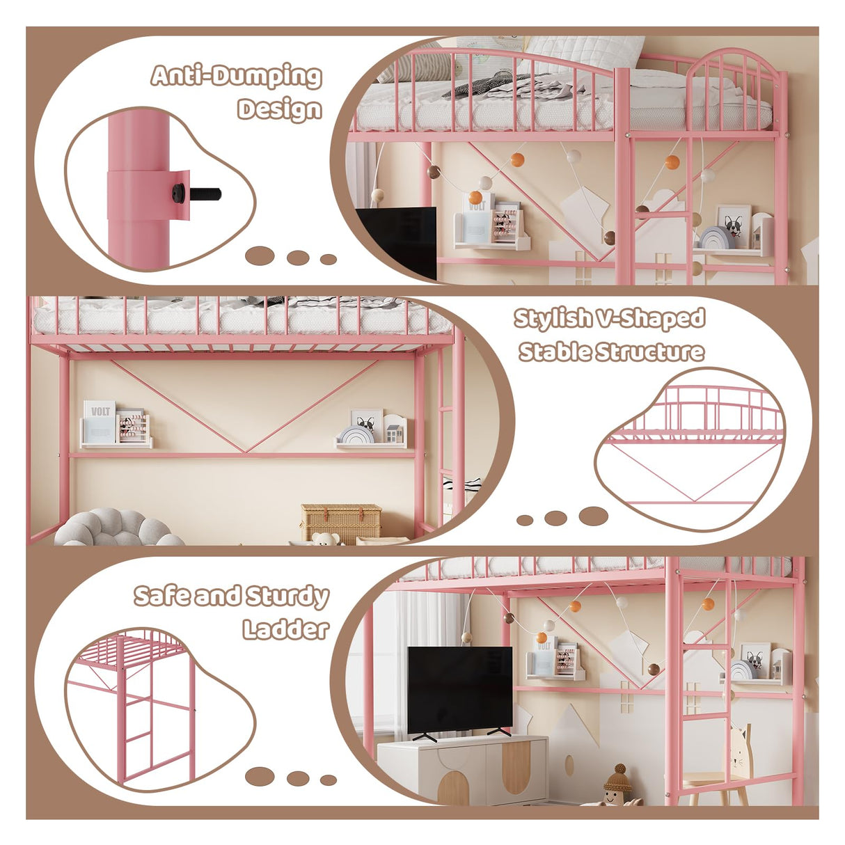 GarveeHome Loft Bed Twin Size, Heavy Duty Metal Loft Bed Frame with Arched Guardrail and Safety Ladder, Space-Saving, No Box Spring Needed, Modern Pink GarveeHome