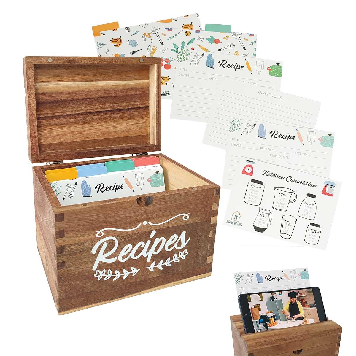 Wooden Recipe Box With Cards And Dividers - Store and Organize your Recipe Cards and Box Set, Recipe card box, Recipe Box 5x7, Recipe Organizer, Recipe Card Holder and Phone Holder (Brown) JY HOME GOODS