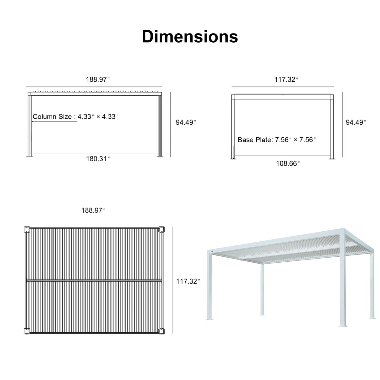 PURPLE LEAF Louvered Pergola 10' x 16' White Outdoor Aluminum Pergola with Roller Blinds Adjustable Gazebo Rainproof for Patio Deck Garden, 1 Long Side and 2 Short Side PURPLE LEAF