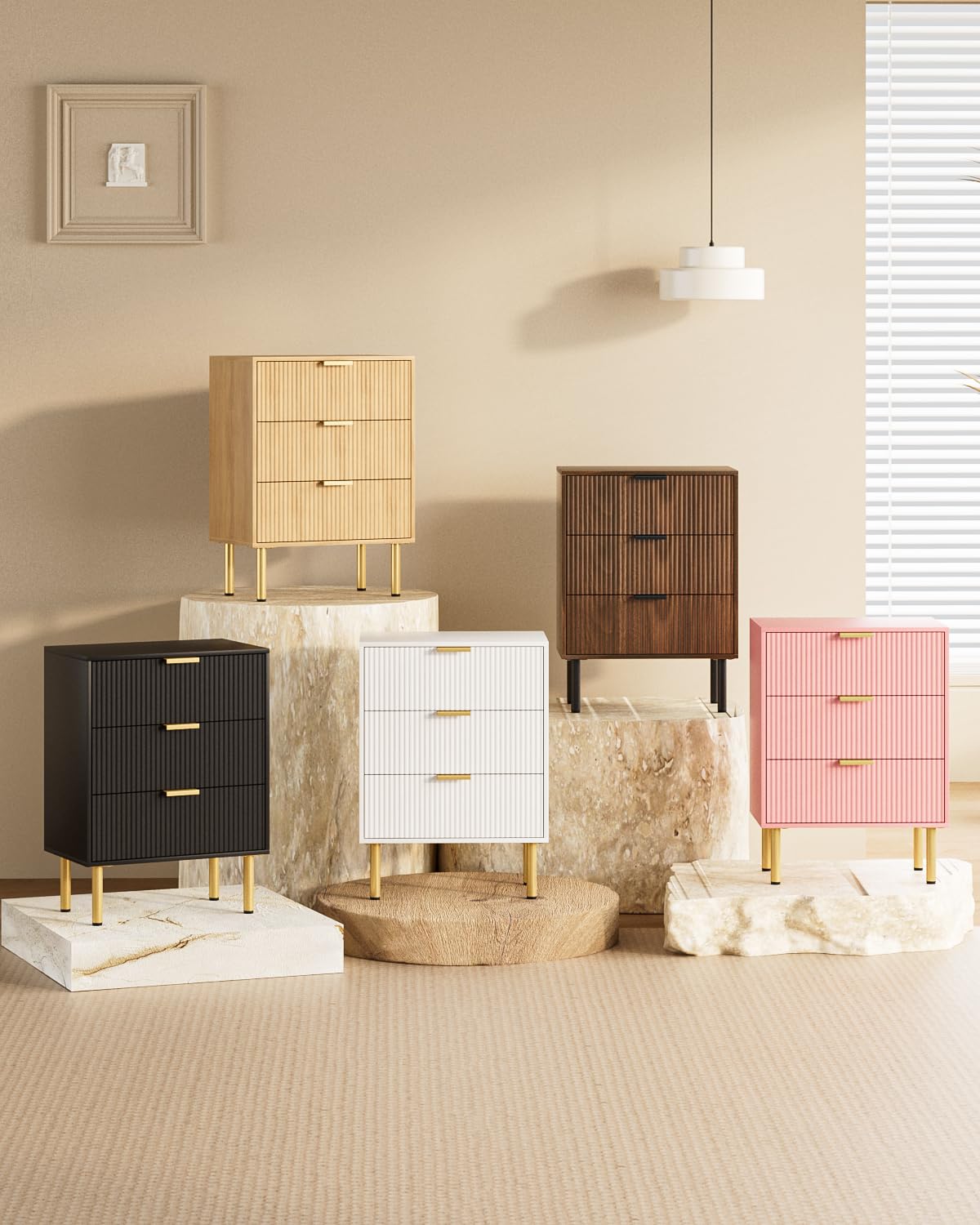 AEPOALUA Nightstand with 3 Drawers,Fluted Bedside Table with Gold Frame,25.7" H White Night Stand,Mid Century Modern Side Accent Table for Bedroom,Living Room AEPOALUA