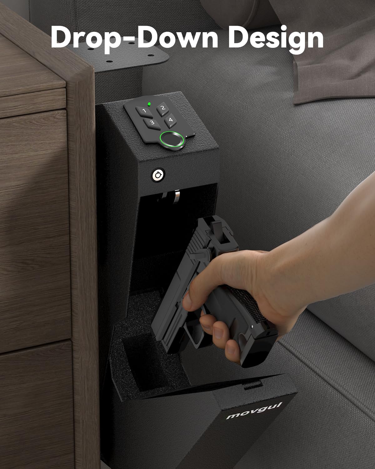 Biometric Gun safe for Handgun Drop Down Bedside Pistol Safe, Mounted Fingerprint Handgun Case for Nightstand, Under Desk, Bed movgul