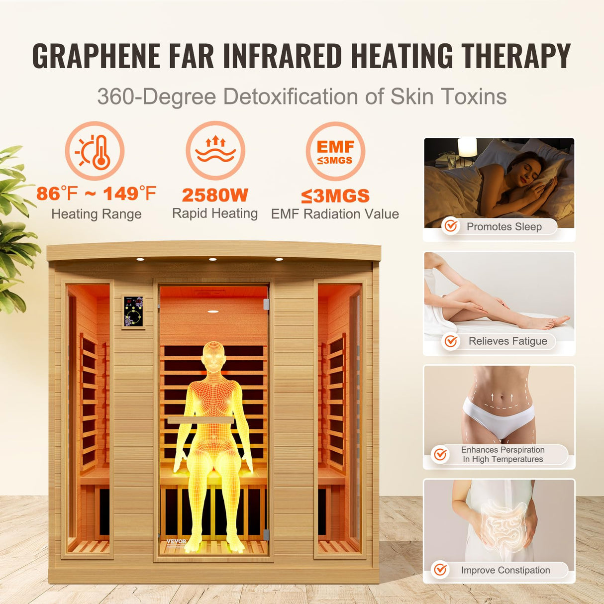 VEVOR 3 to 4 Person Far Infrared Wooden Sauna, Room Home Sauna Spa, Low EMF Far Infrared Hemlock Wood Sauna with Tempered Glass Door & Bluetooth Speakers & Chromotherapy Lights, 2580W Indoor VEVOR