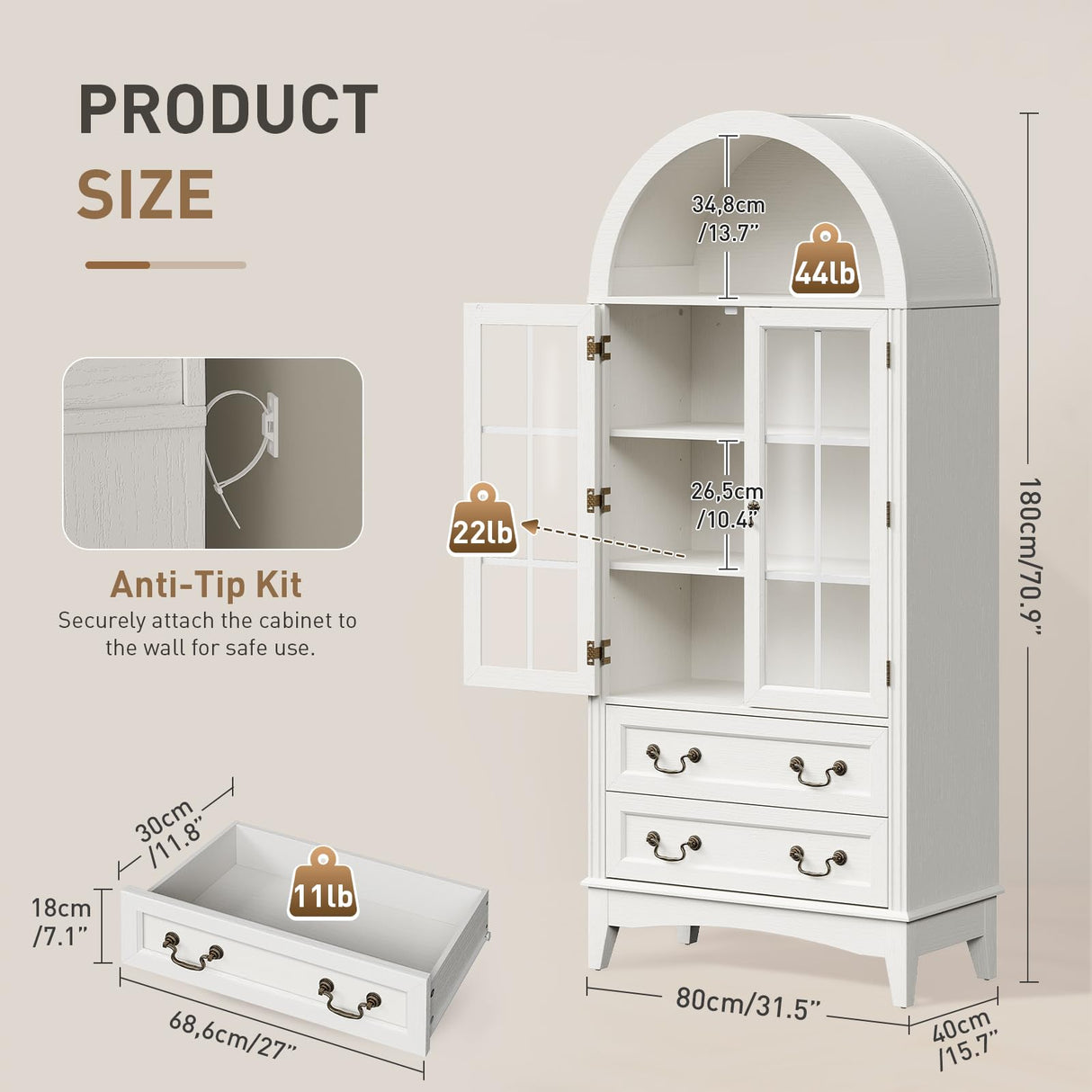 RALGEND 71'' Tall Arched Pantry Cabinet, Farmhouse Kitchen Pantry Cabinet with Glass Doors, Adjustable Shelves and 2 Large Drawers, Versatile Cupboard for Kitchen, Dining Room, White RALGEND