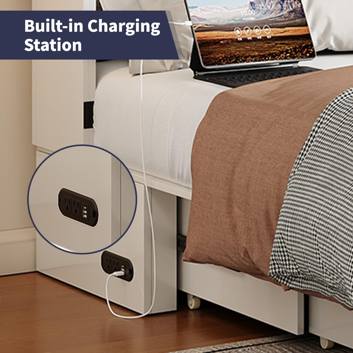 ijuicy Queen Murphy Bed with Storage & Multifunctional Charging Station, Modern Murphy Cabinet Bed with Foldable Panel, Space-Saving Beds for Guest Bedroom,Living Room(White & Brown,with Mattress) ijuicy