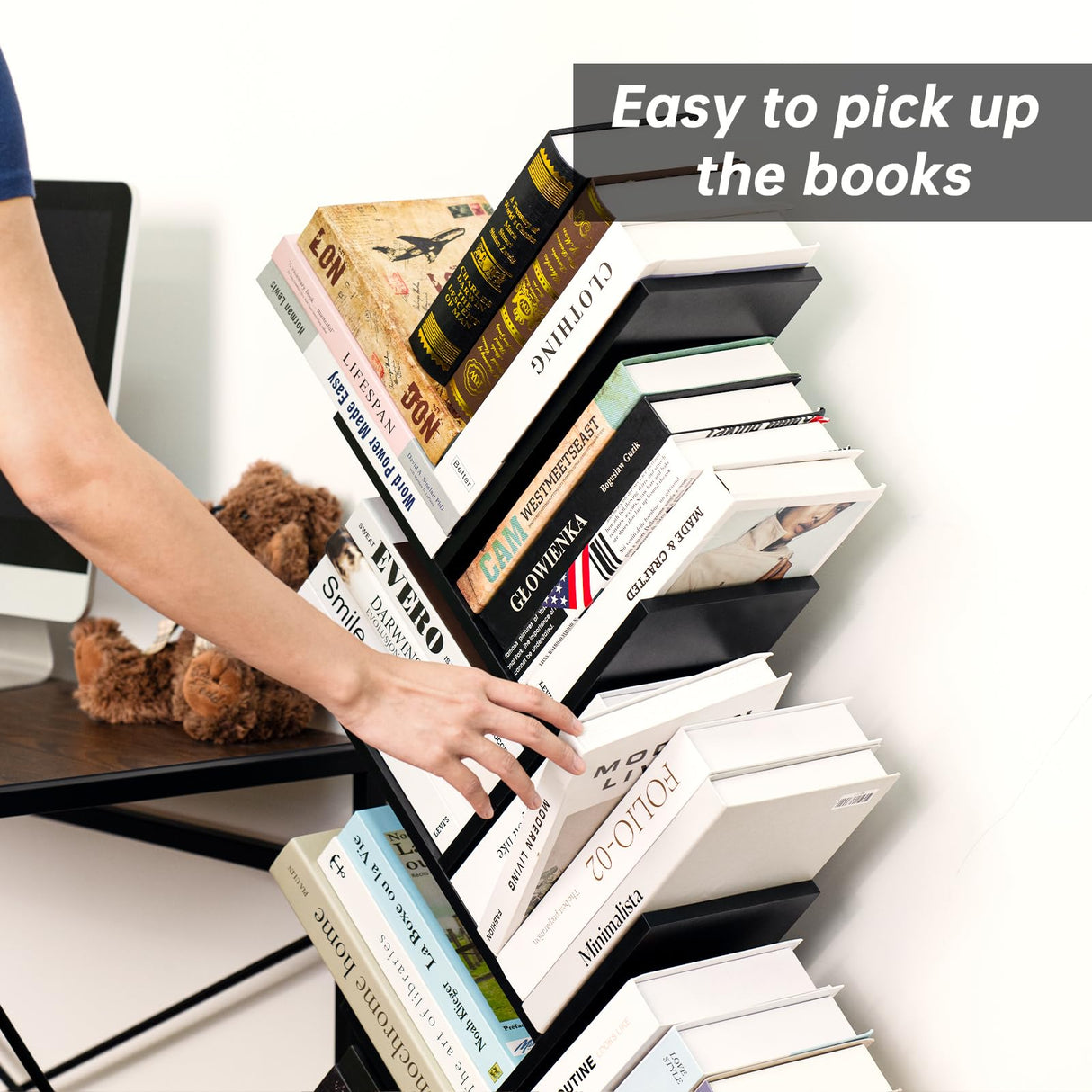 SHEEPAM 8-Tier Tree-Shaped Bookshelf with Drawer - Space-Saving Black Wood Bookcase for Home & Office SHEEPAM