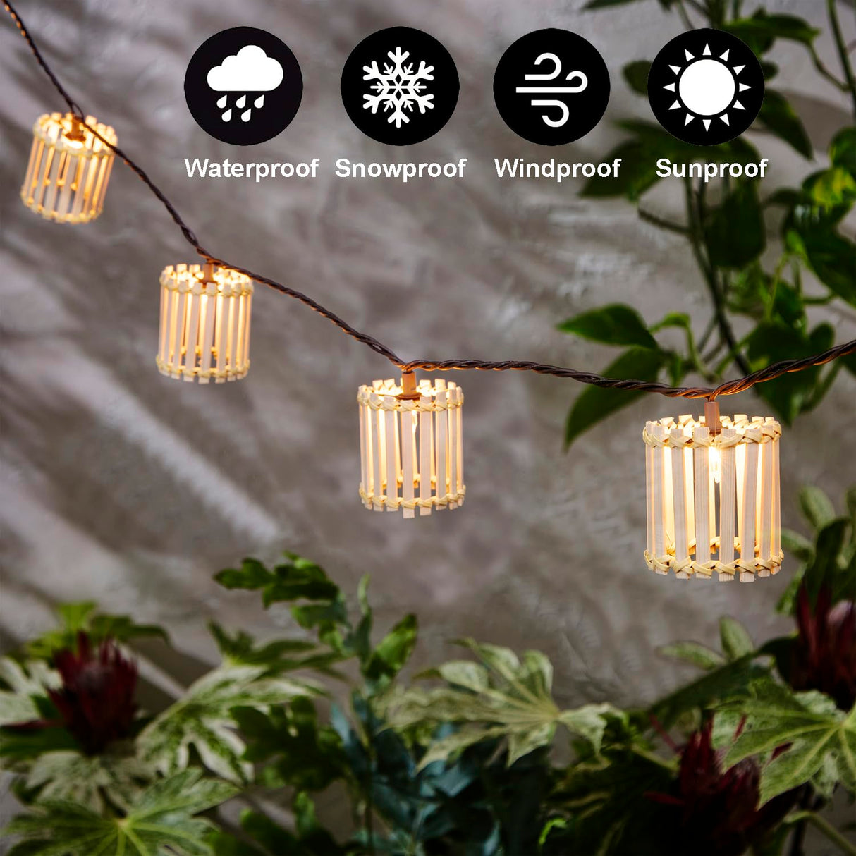 Decorative String Lights, 10 Incandescent Mini Bulbs with Natural Bamboo Woven Lampshade, 8.5Ft Connectable Waterproof Outdoor Lantern String Lights, Perfect for Patio, Garden Balcony, Pergola, Porch AVAMERY