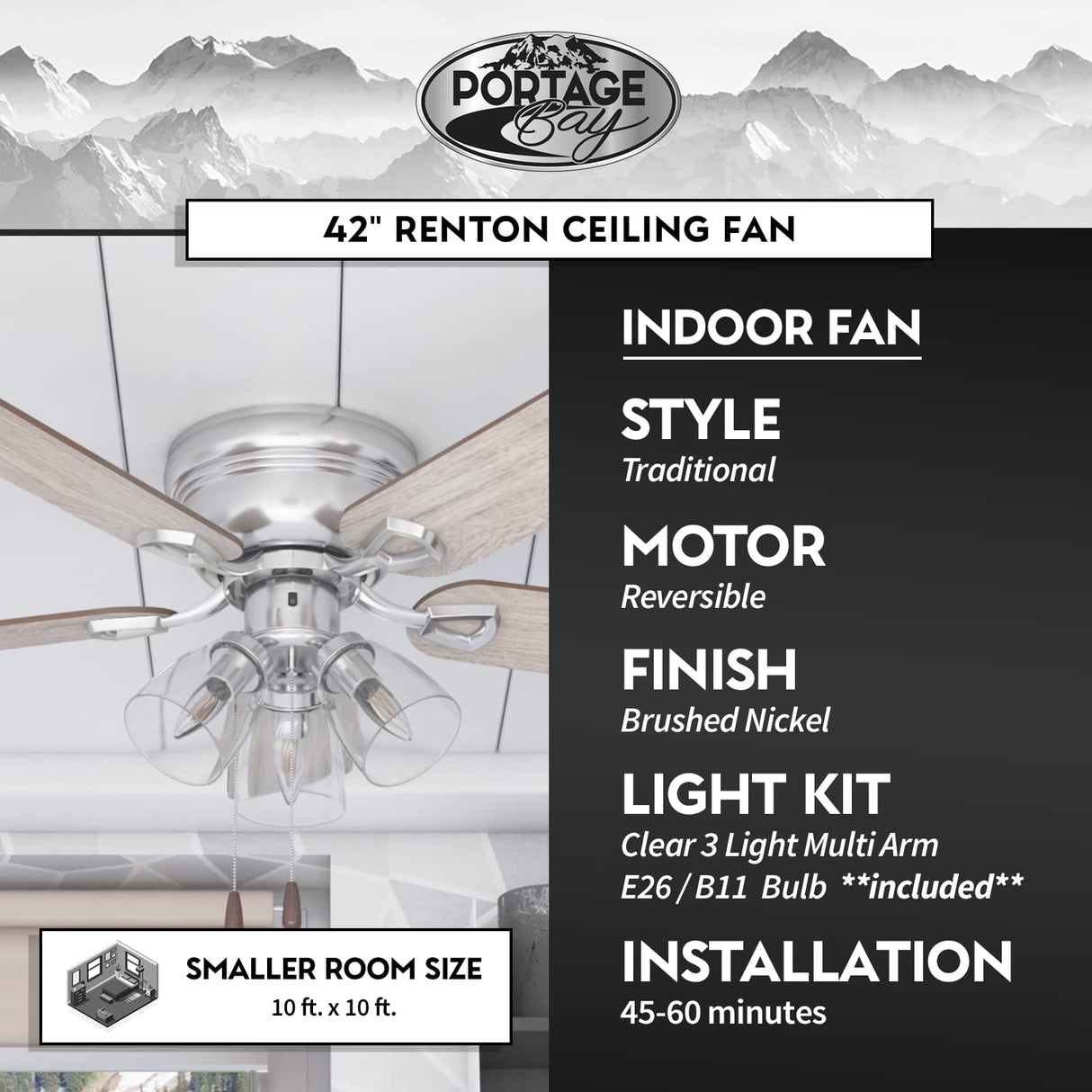 Portage Bay 51437 Renton Ceiling Fan, 42 Inch, Brushed Nickel Portage Bay