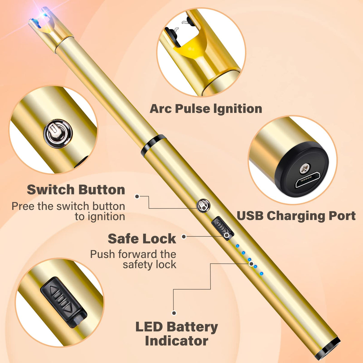 Navpeak Candle Lighter Long Neck Windproof Electric Rechargeable Arc Lighter for Light Candles Gas Stove Fireplace BBQ Kitchen Grills(Gold) Navpeak