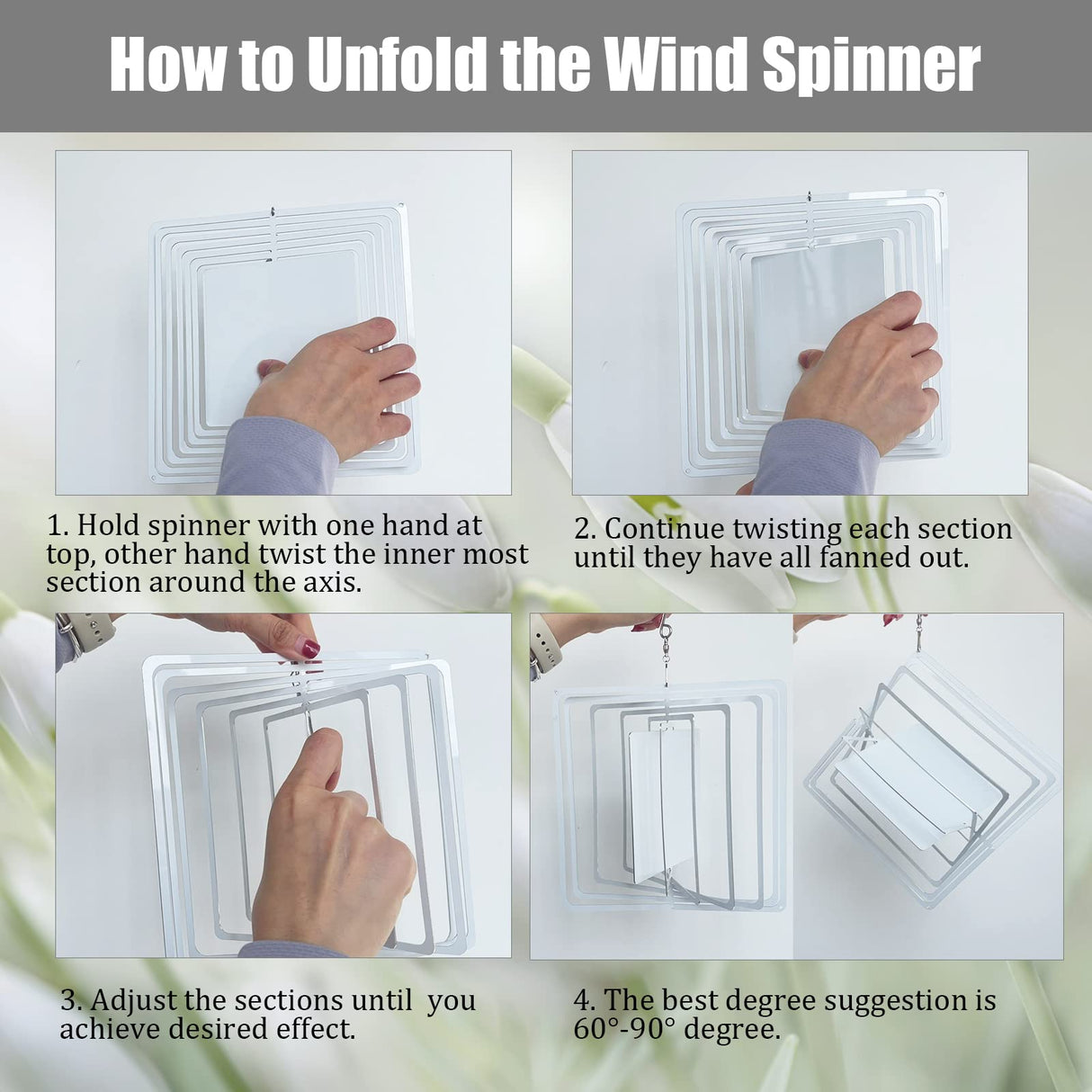 WindMage 4Pack 8inch Sublimation Wind Spinner Blanks 3D Aluminum Metal Wind Sculpture Kinetic Spinners for Yard and Garden Indoor Art Ornaments Hanging Decoration (Square) WindMage