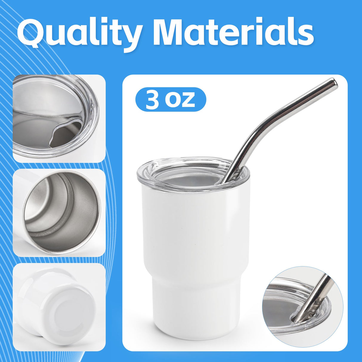 Joyclub 3 oz Mini Tumbler Shot Glass with Straw and Lid 6 Pack White Mini Cup Stainless Steel Sublimation Shot Tumblers for Wedding Party Whiskey Favors Joyclub