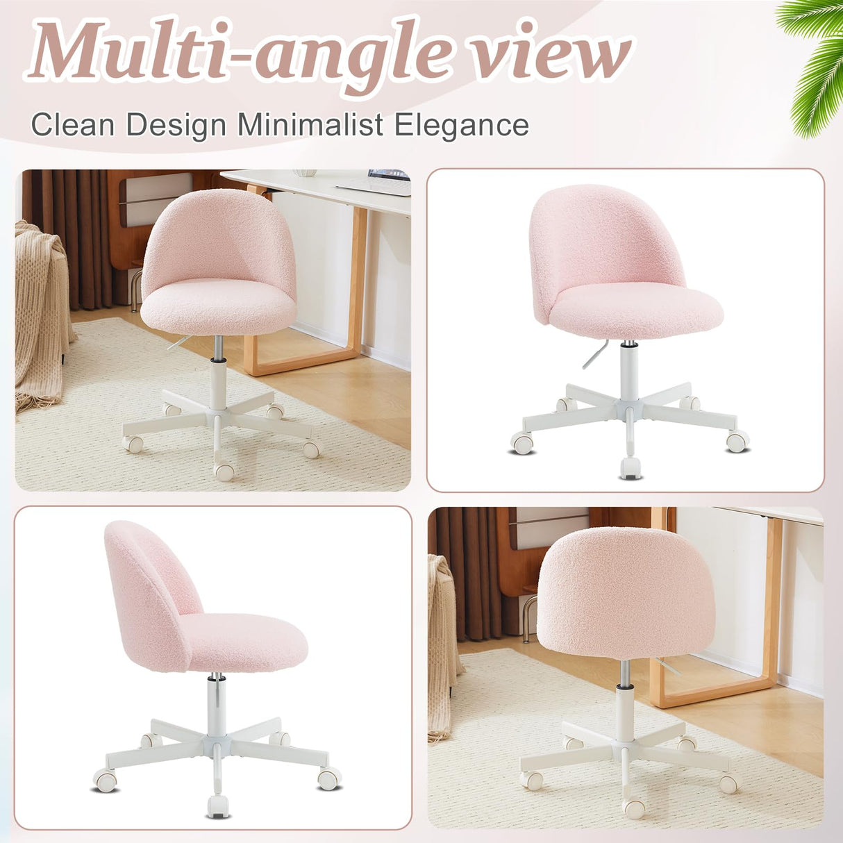VINGLI Candy Chair Armless Cute Desk Chair,Comfy Small Office Chair with Wheels,Vanity Chair with Lumbar Support,Teddy Adjustable Rolling Swivel Computer Task Chair for Home Office,Bedroom,Gentle Pink VINGLI