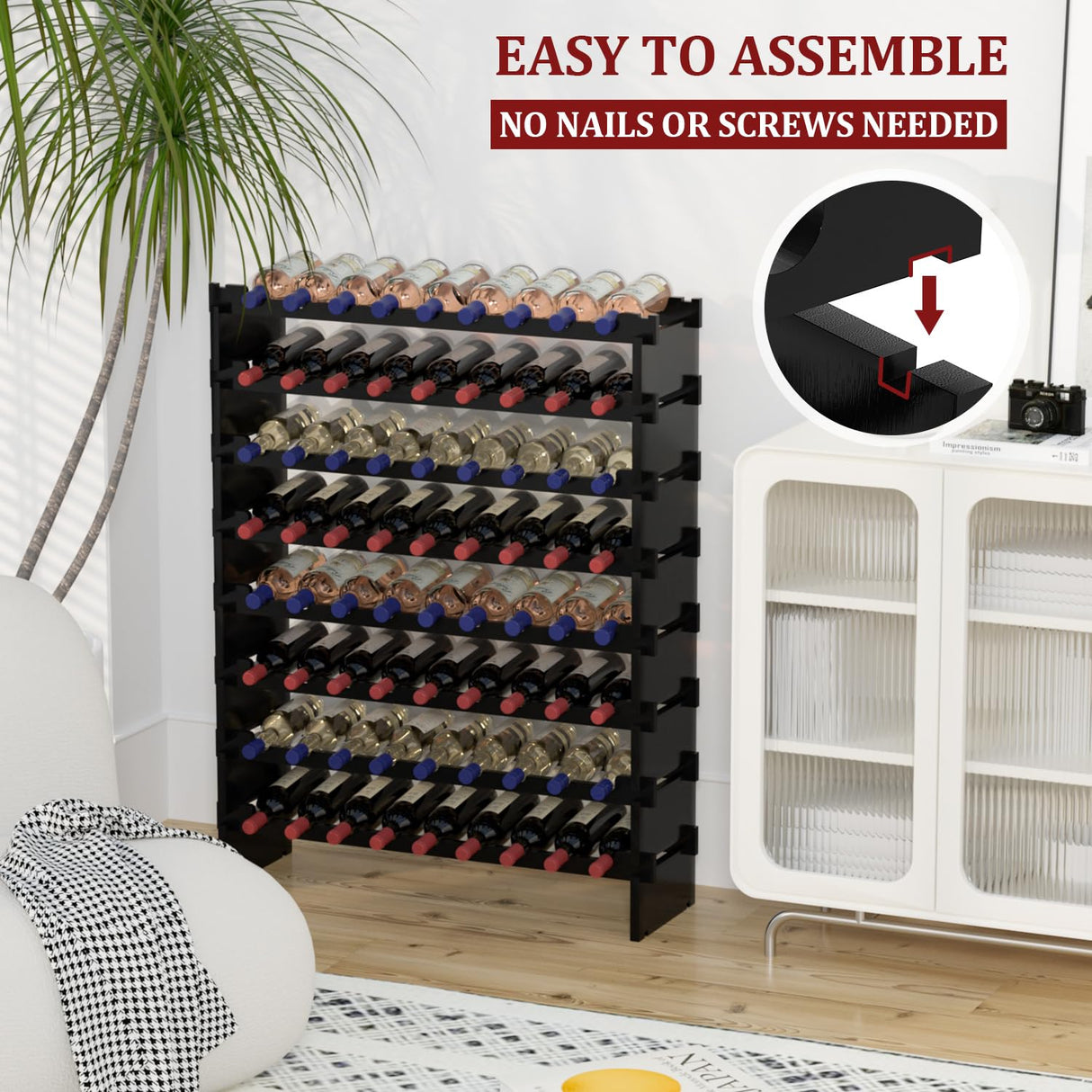 Domax Wine Rack Freestanding Floor - 8 Tiers Wine Bottle Holder 72 Bottle Stackable Wine Rack, Bamboo Wine Holder Wine Storage Racks for Kitchen, Bar, pantry and Cellar (Black) Domax