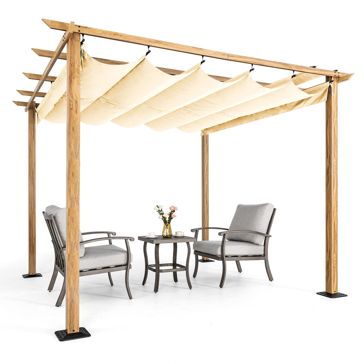 HAPPATIO 10' X 10' Pergola Retractable Pergola Canopy for Backyard, Garden, Patio; Woodgrain-Look Aluminum Pergola with Retractable Pergola Canopy, Includes Anchors and Expansion Screws (Beige) HAPPATIO