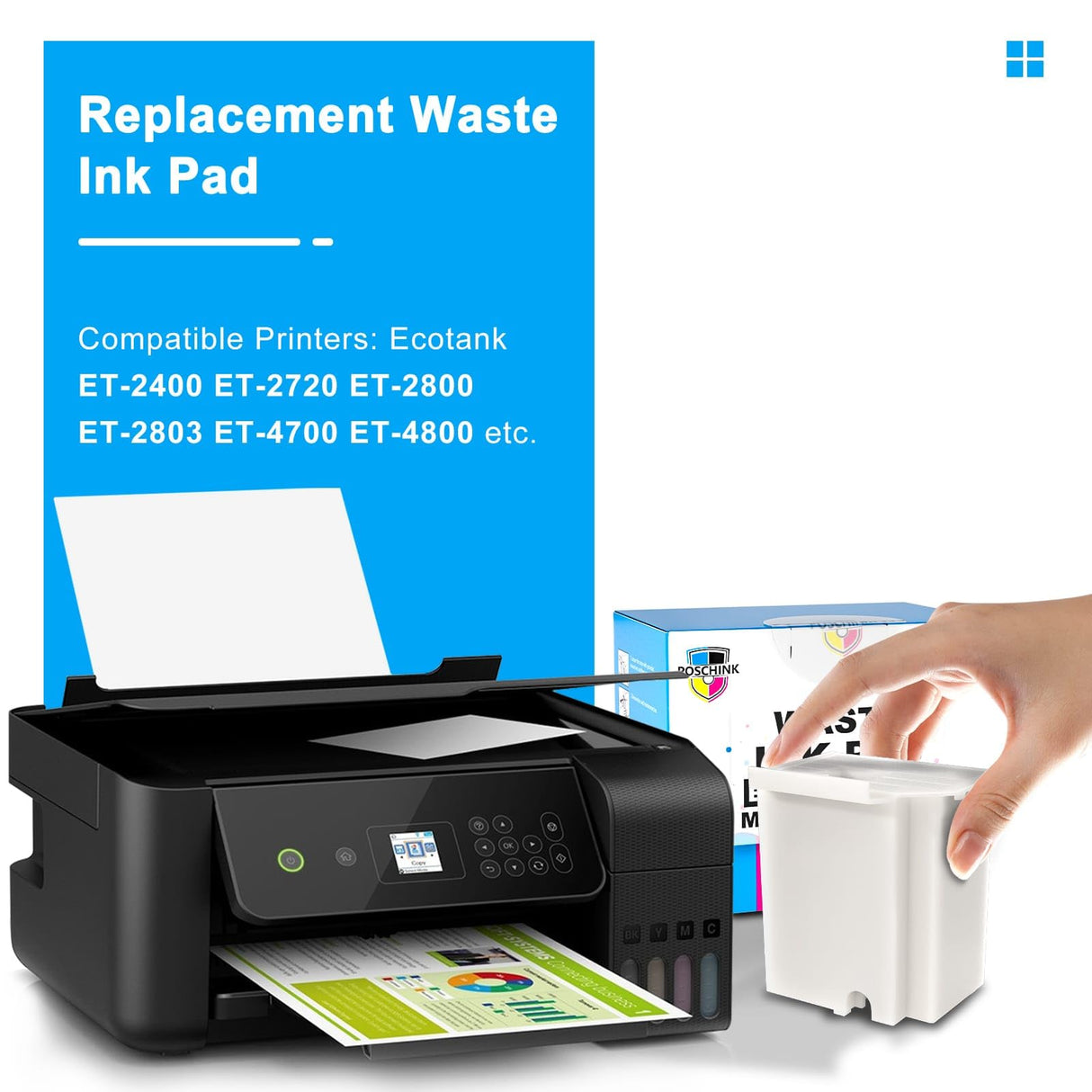 Poschink Waste Ink Pad Replacement for EPSON Ecotank ET-2800 ET-2803 ET-2720 ET-2400 ET-2711 ET-4700 L3110 L3210 L3150 L3250 etc. Printers, Maintenance Box with Extra Sponge Absorbant Poschink