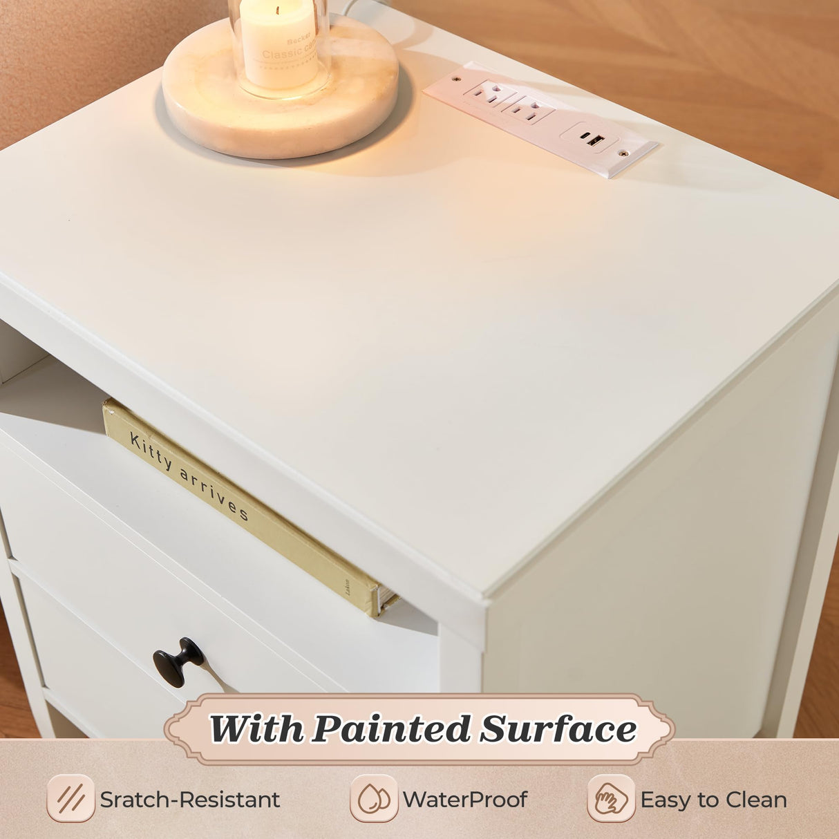 Huuger White Nightstand Set of 2, Night Stand with Charger Station, Bedside Table with 2 Drawers, Bed Side Tables for Bedroom, Modern Nightstands, Metal Knobs, Painted Surface Huuger