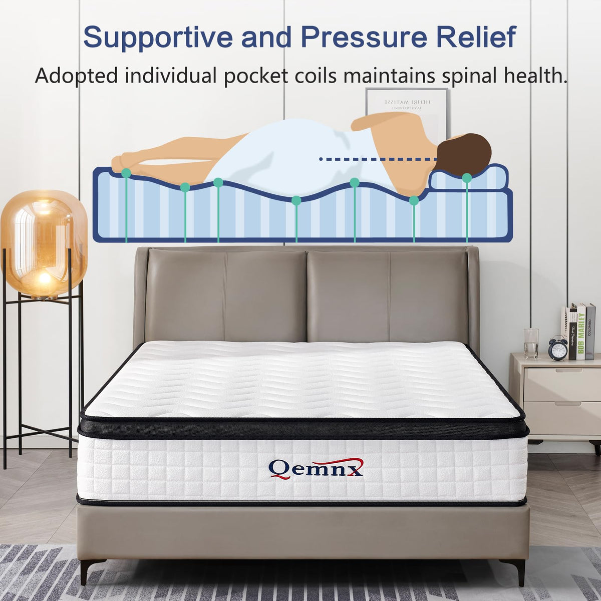 QEMNX 12 Inch Queen Hybrid Mattress – Medium Firm, Memory Foam & Responsive Pocket Springs, Enhanced Edge Support, Motion Isolation, Pressure Relief, Eco-Friendly, Compressed for Easy Setup QEMNX