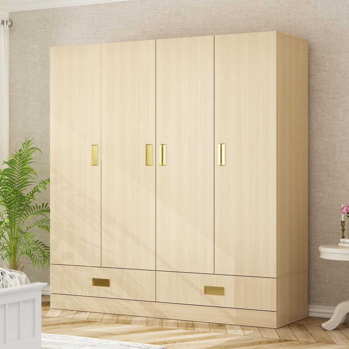 Homsee 66.9" H Modern Armoire Wardrobe Closet with 4 Doors and 2 Drawers, Clothing Storage Cabinet with 3-Tier Shelves and Hanging Rod for Bedroom, Light Brown Wood Grain Homsee