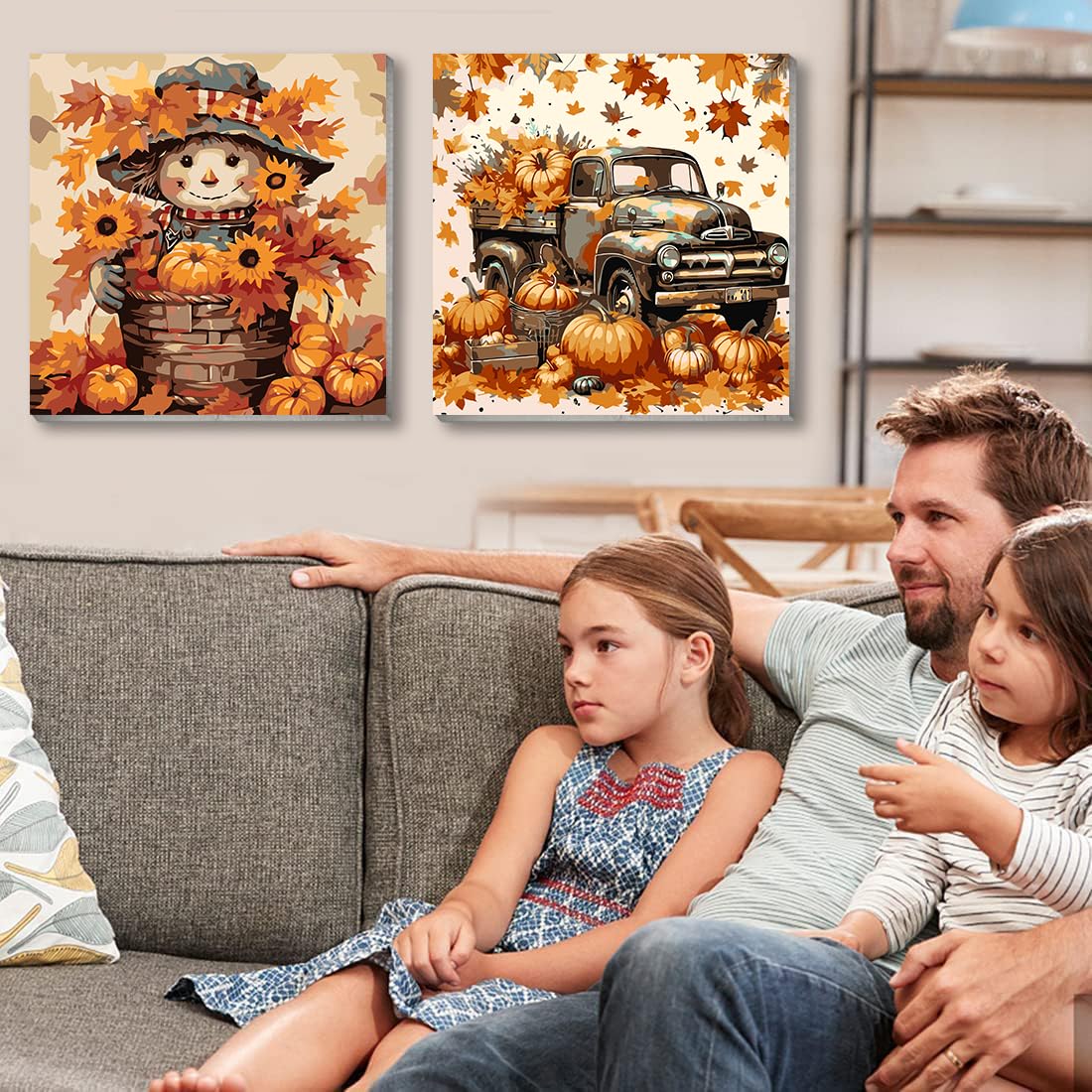 VIGEGU 4 Pack Thanksgiving Paint by Numbers Kit for Adults with Framed,Fall Pumpkin Paint by Number with Wooden Easel DIY Autumn Scarecrow Truck Adult Paint by Number Kits for Wall Decor 10x10in VIGEGU