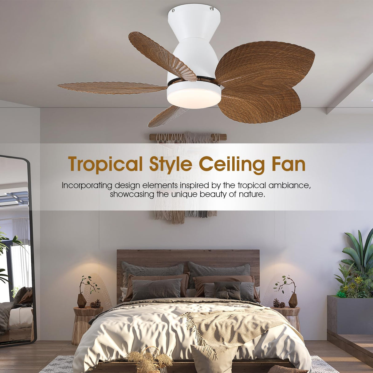 Kviflon 30 Inch Ceiling Fans with Lights, Indoor Outdoor Tropical Ceiling Fan with Remote/APP Control, Flush Mount Palm Leaf Ceiling Fan Light for Bedroom, 6 Speeds, Dimmable - Wood Grain Kviflon