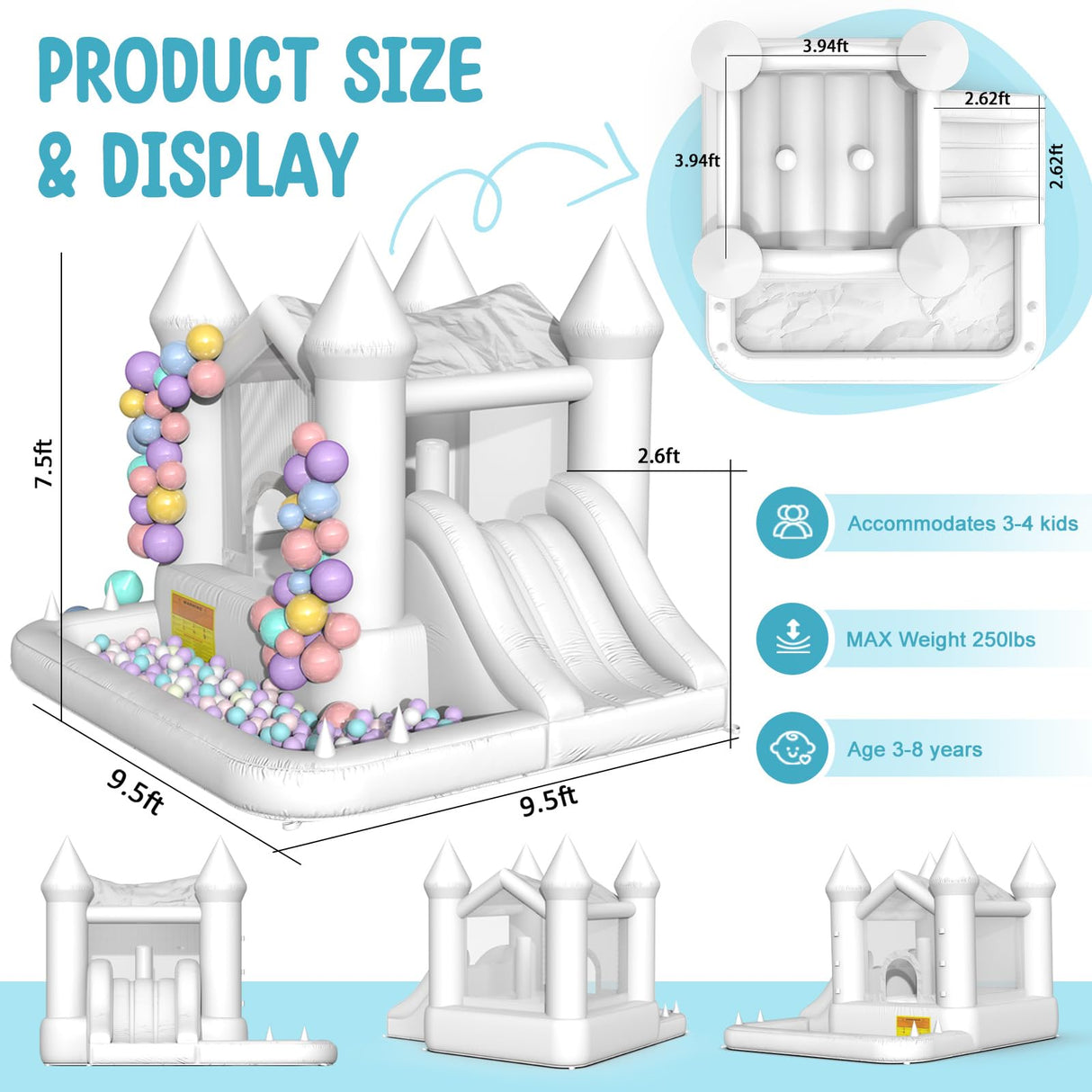 YARD White Bounce House, Inflatable Bounce House with Slide & Ball Pit for Kids 3-8, Bouncy House with Blower for Toddler Adult Indoor Outdoor Party, Wedding, Backyard, 9.5’x9.5’x7.5’ Bouncy Castle YARD