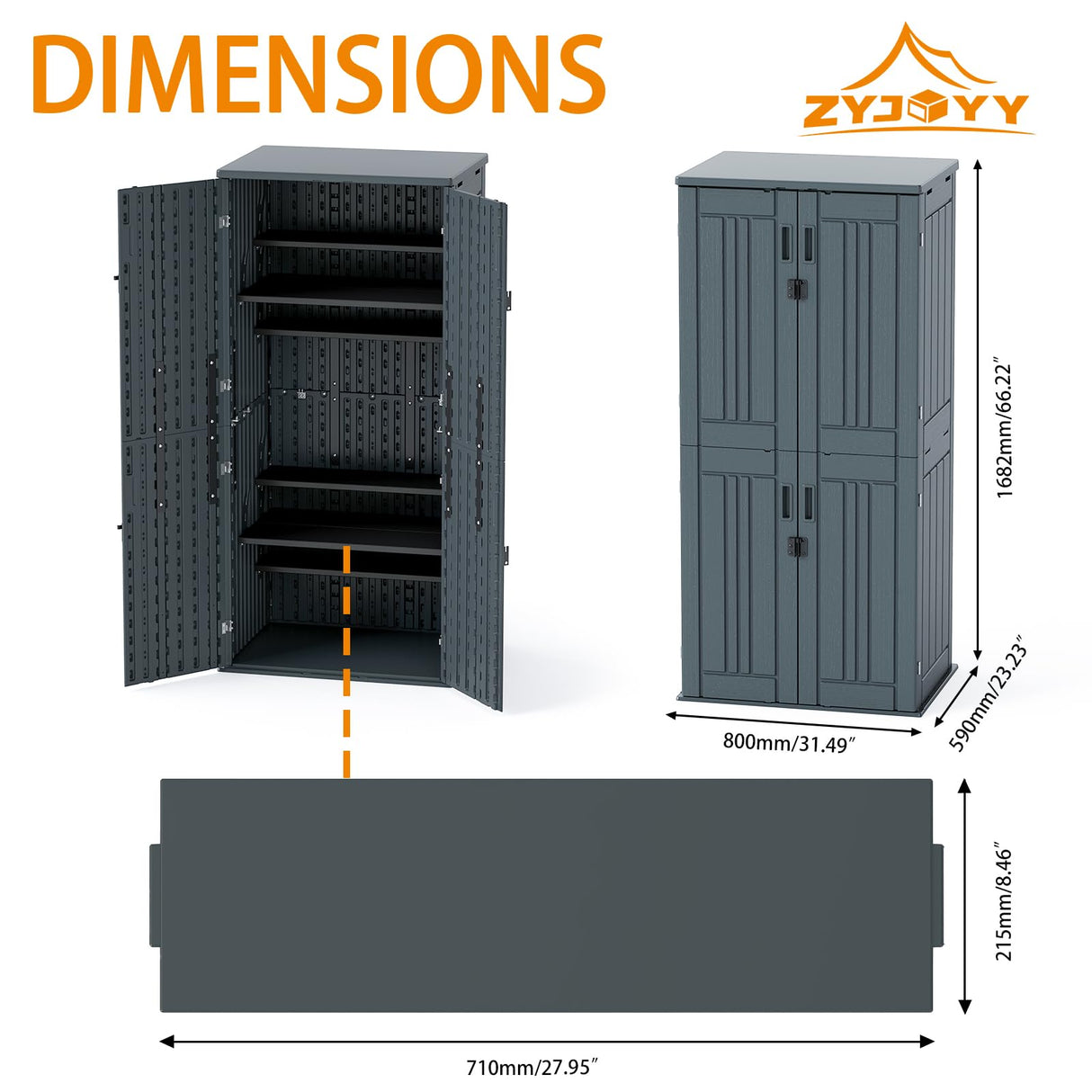 30 Cubic Ft. Vertical Resin Outdoor Storage Shed with Lockable Double Doors,Tall Storage Cabinet with 4 Shelves, Weather-Resistant Multi-Wall Panels,Storage Shed for Patio, Garden, Yard, Grey ZYJOYY
