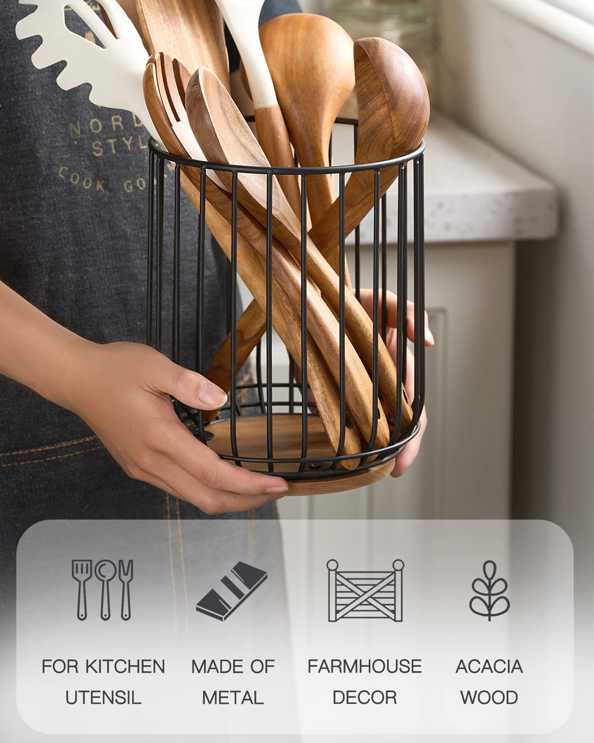 getstar Kitchen Utensil Holder, Large Wire Utensil Holder for Kitchen Counter (W6.2” x H7.5”) with Acacia Base getstar