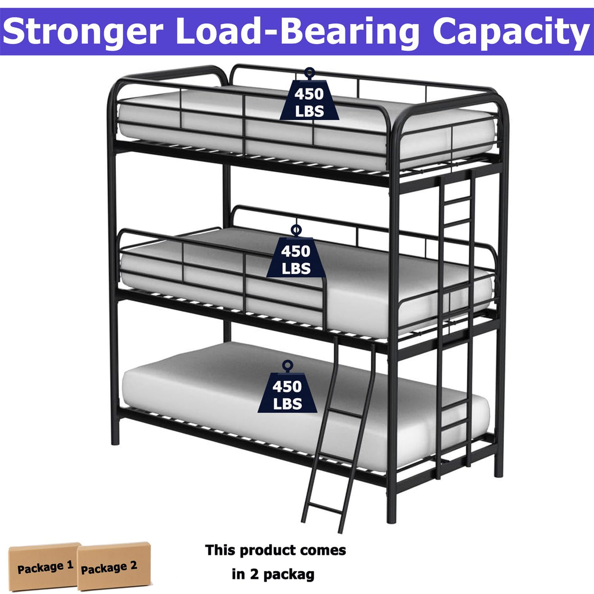 Movdevy Heavy Duty Metal Triple Bunk Beds for Adults and Kids and Teens, Modern Style Twin Over Twin Over Twin Size Triple Bunk Bed with Safe Guardrail, 3 Bunk Beds Easy to Assemble (Black) Movdevy