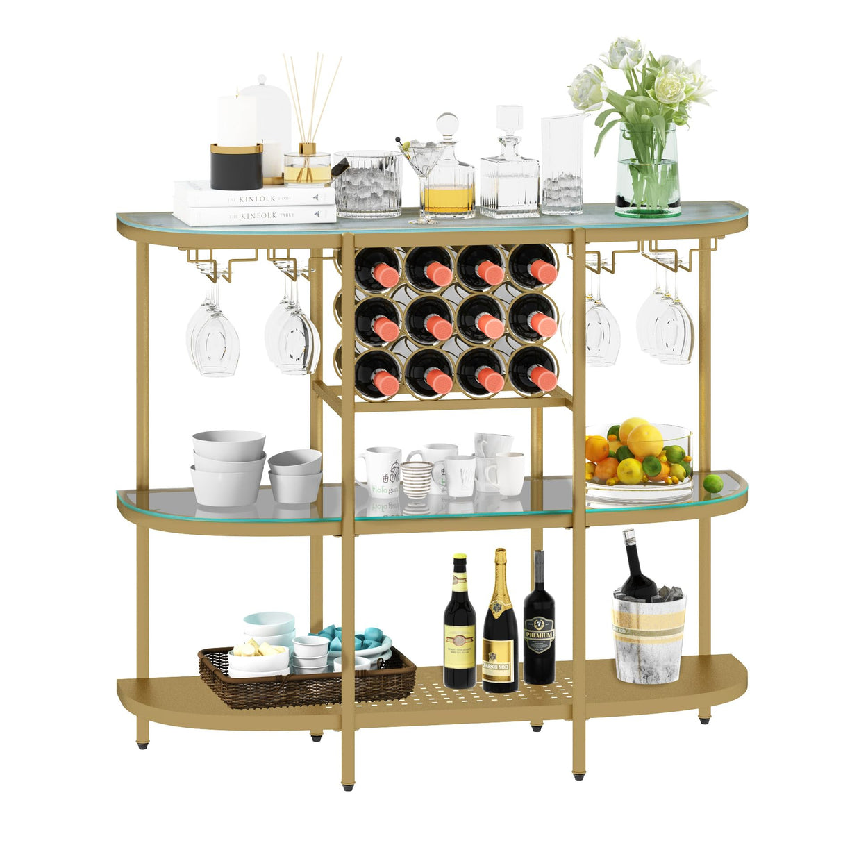 O&K FURNITURE Home Bar Table with Wine Racks, 3 Tier Wine Bar Table with Glass Holders, Wine Cabinet with Open Shelf, Liquor Bar Coffee Bar Table for Living Room Kitchen, Gold O&K FURNITURE
